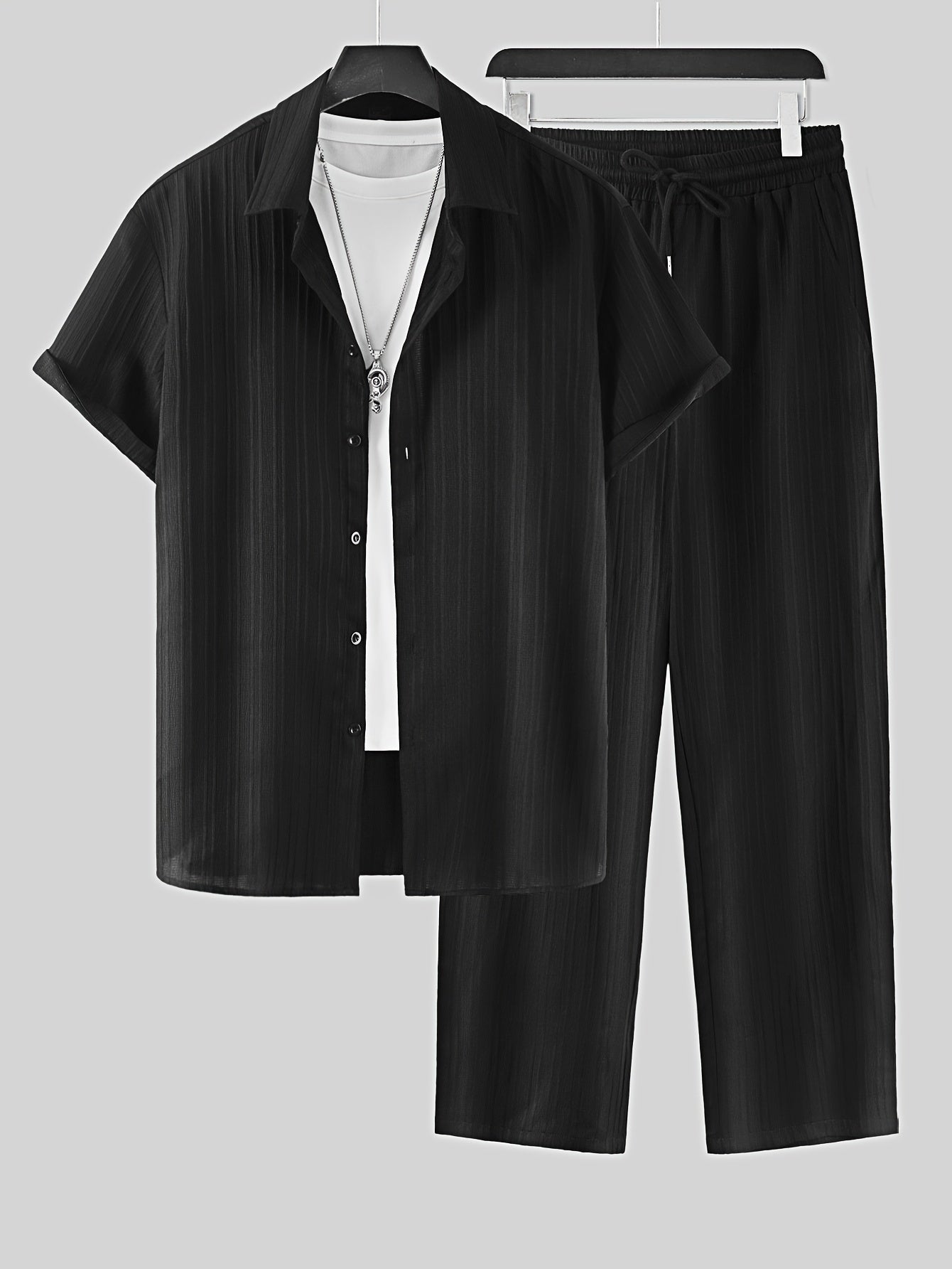 2-piece Men's Stylish Spring Summer Vacation Outfit Set, Men's Ruffled Short Sleeve Lapel Shirt & Drawstring Long Pants Set