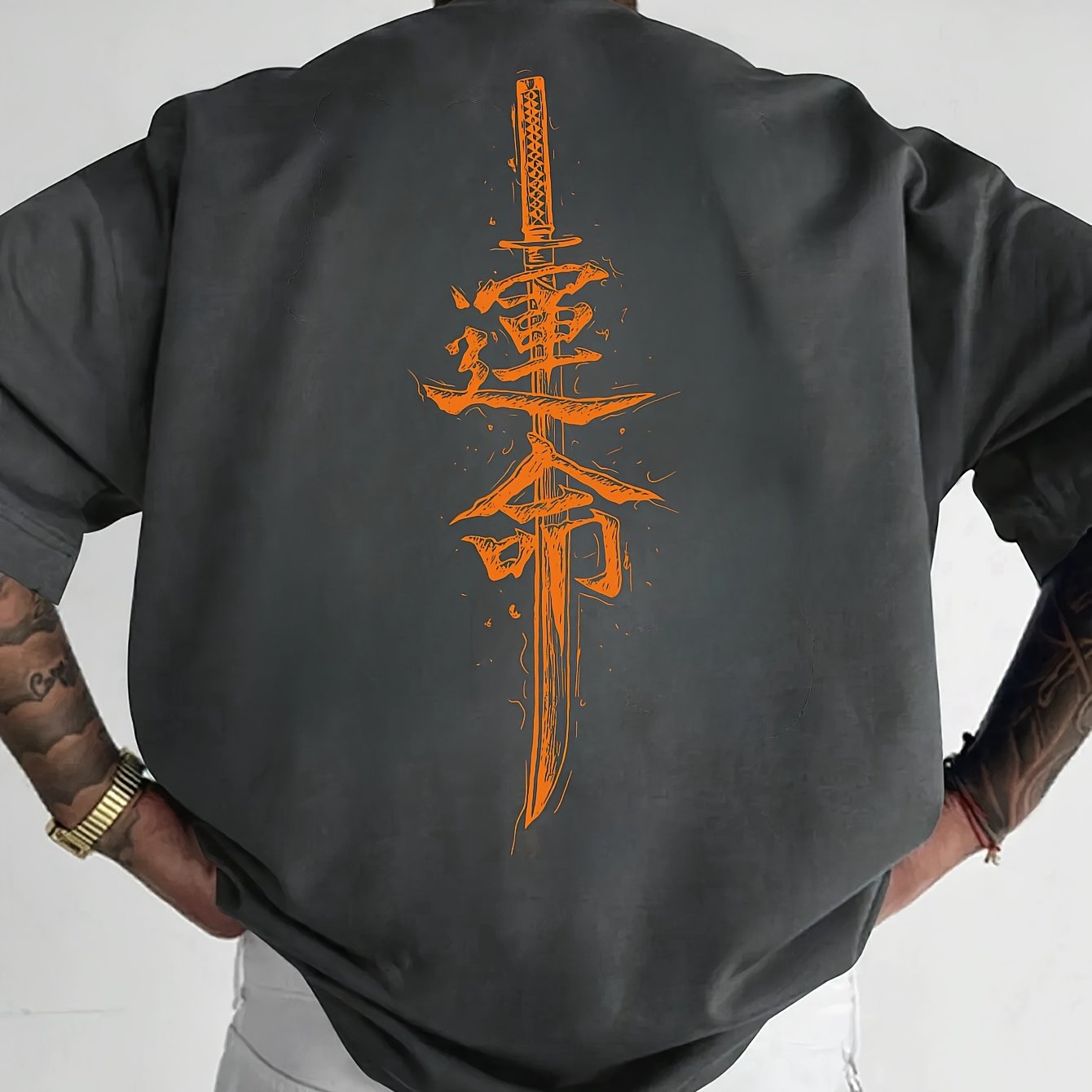 Men'S Japanese Samurai Sword Graphic T-Shirt - Casual Loose Fit Crew Neck, Short Sleeve Tee with Red Stylized Japanese Katanas Design, Breathable Polyester for Spring Summer Outdoor Wear