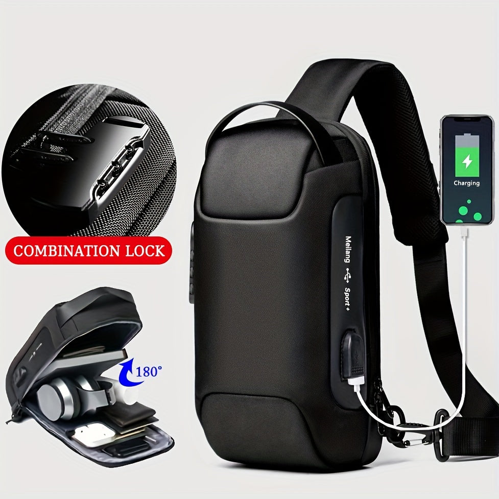 Oxford Fabric Waist Bag with USB Charging Combination Lock - Sleek Black Crossbody for Men Women, Ideal for Outdoor Activities Motorcycle Riding, Perfect Valentine's or Father's Gift, Motorcycle Bag