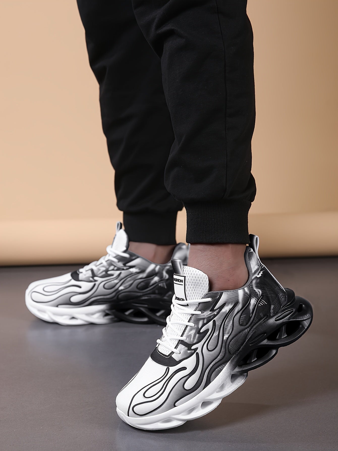 Trendy Black White Gradient Sneakers - Breathable Mesh, Thick Sole for Height Boost, Fashion Athletic Casual Running Shoes with Flame Design, Perfect for Students Casual Attire, High Top Sneakers