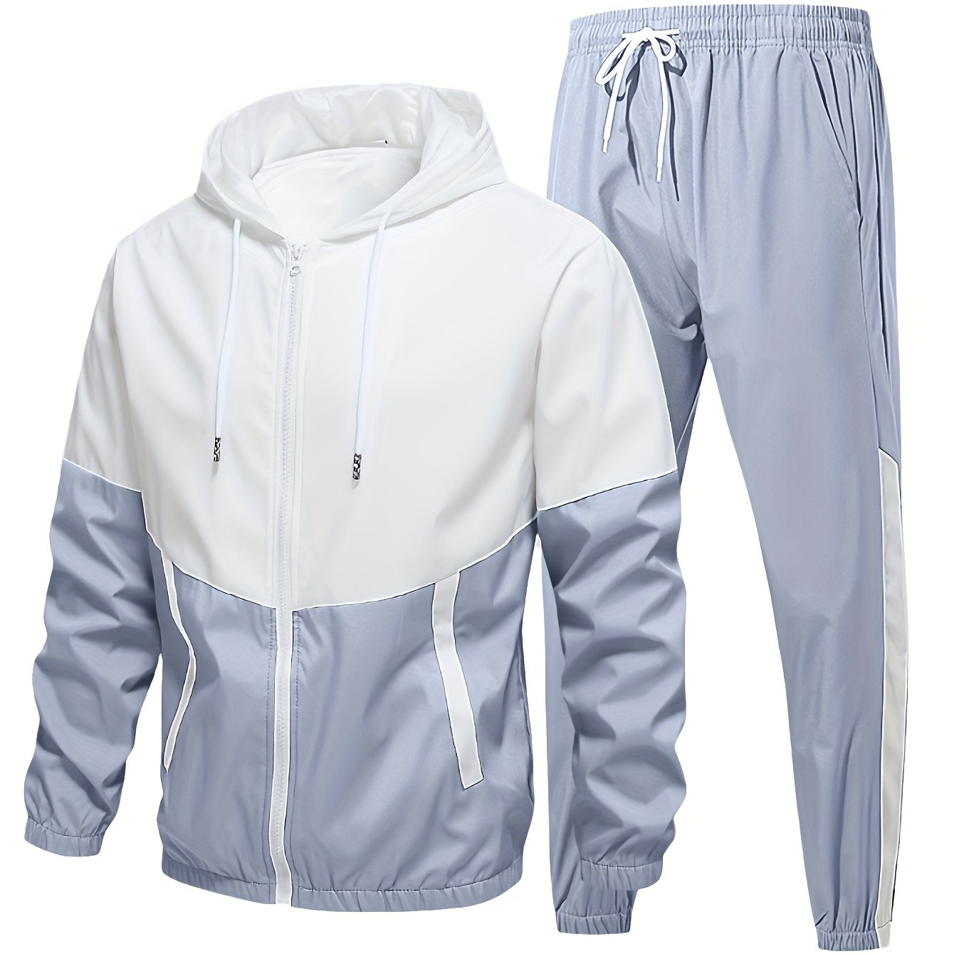 2pcs Men'S Casual Sportswear Set - Color Block Hooded Jacket and Pants, Polyester, Machine Washable, All-Season, with Pockets, Regular Fit, Spring Sportswear|Hooded Sportswear|Machine Washable Fabric