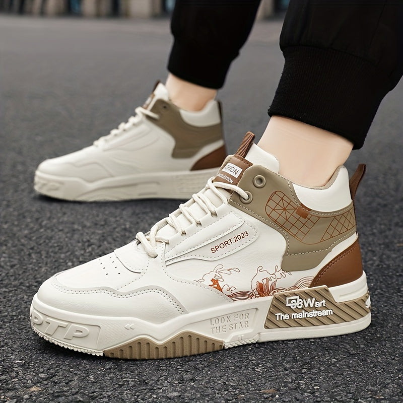 Men's High-Top Skate Sneakers - Comfortable, Non-Slip Casual Shoes for Outdoor Walking Jogging, Stylish Striped/Solid Design, Lace-Up, All Seasons