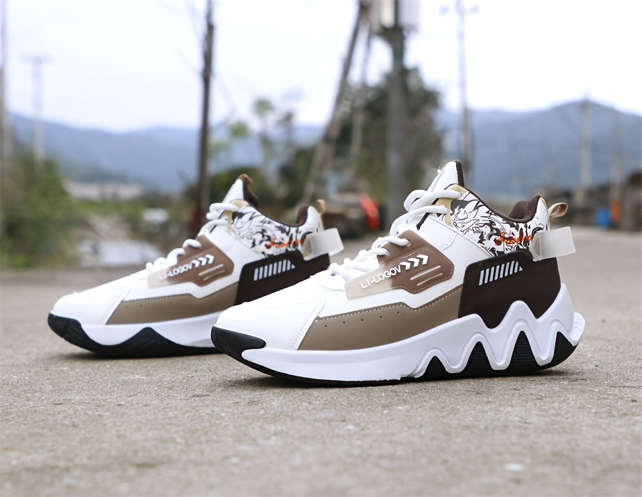 Men's High-Top Basketball Sneakers, Preppy Street Style, Solid Color with Cartoon Stripes, All-Season Lace-Up Sports Shoes, Faux Upper, Fabric Inner, Rubber Sole, for Running, Hiking Casual Wear, Outdoor Activities Shoes