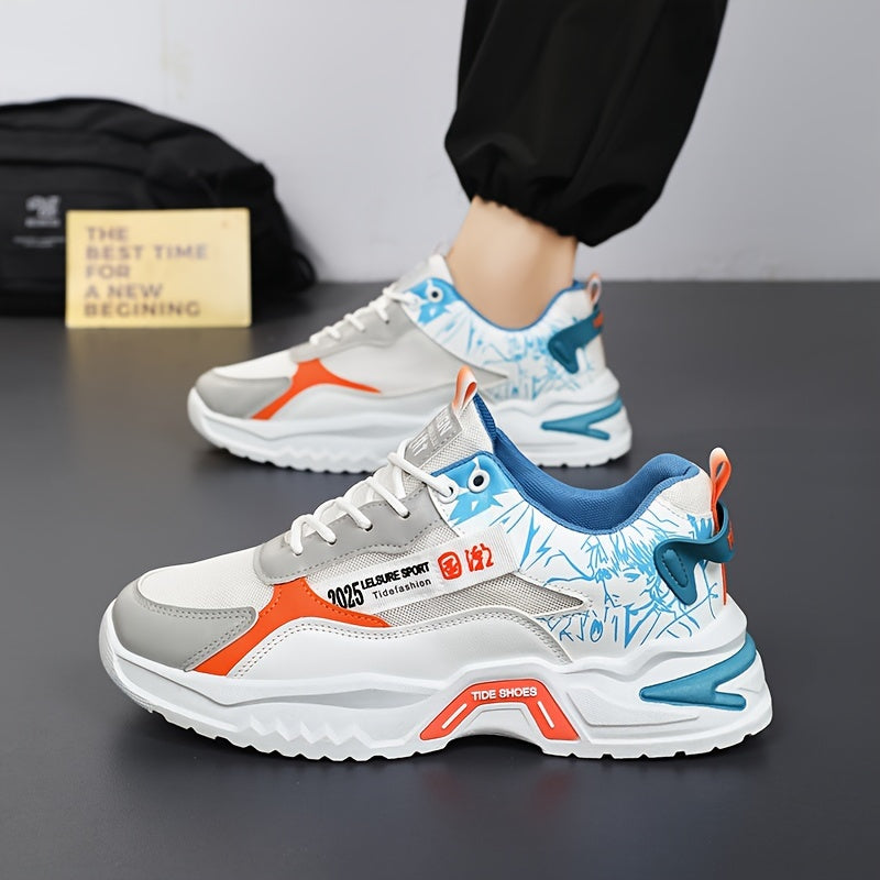 Men's Stylish Platform Sneakers with Wave Pattern - Comfortable, Non-Slip Durable for Outdoor, Campus Walks Travel Lace-Up, Breathable Design, for Autumn, Spring