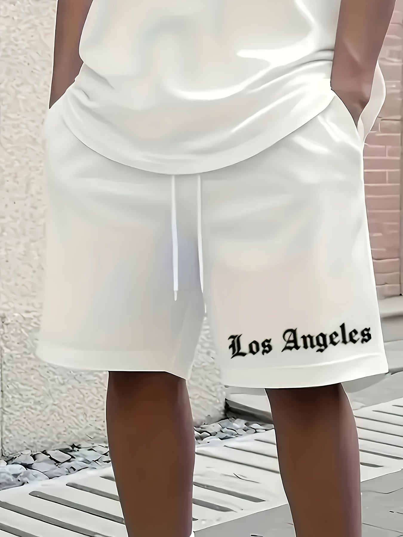 Los Angeles English Pattern Men's Short Sleeve Shirt + Casual Sport Set, Breathable Soft Summer Outfit with Pocketed Shirt and Drawstring Shorts