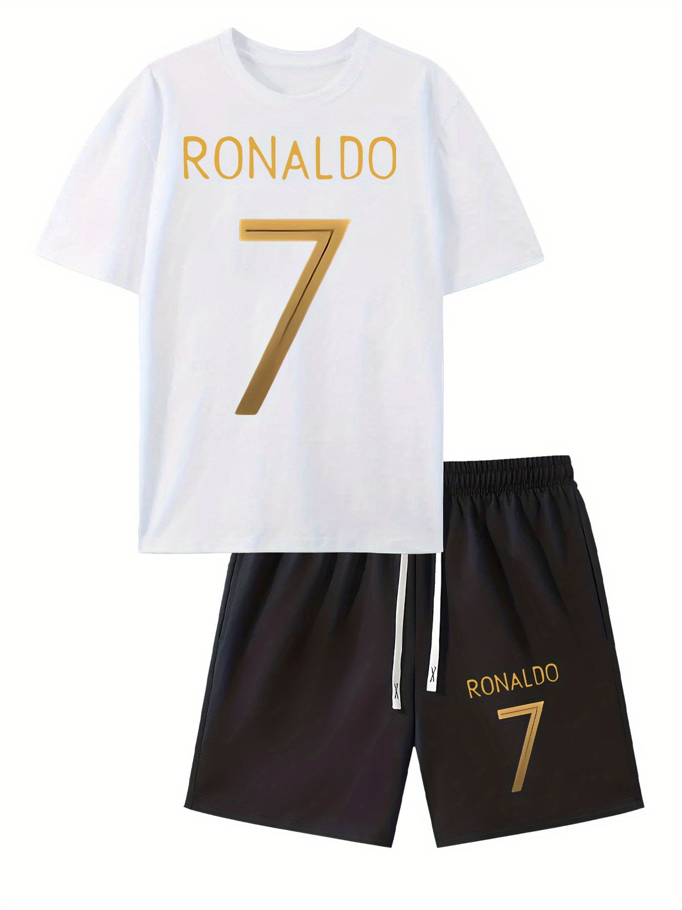 Ronaldo 7 Print Men'S Short Sleeve T-Shirt and Waistband Shorts 2pcs Casual Sports Regular Top & Bottom Set, Suitable for Spring/Summer