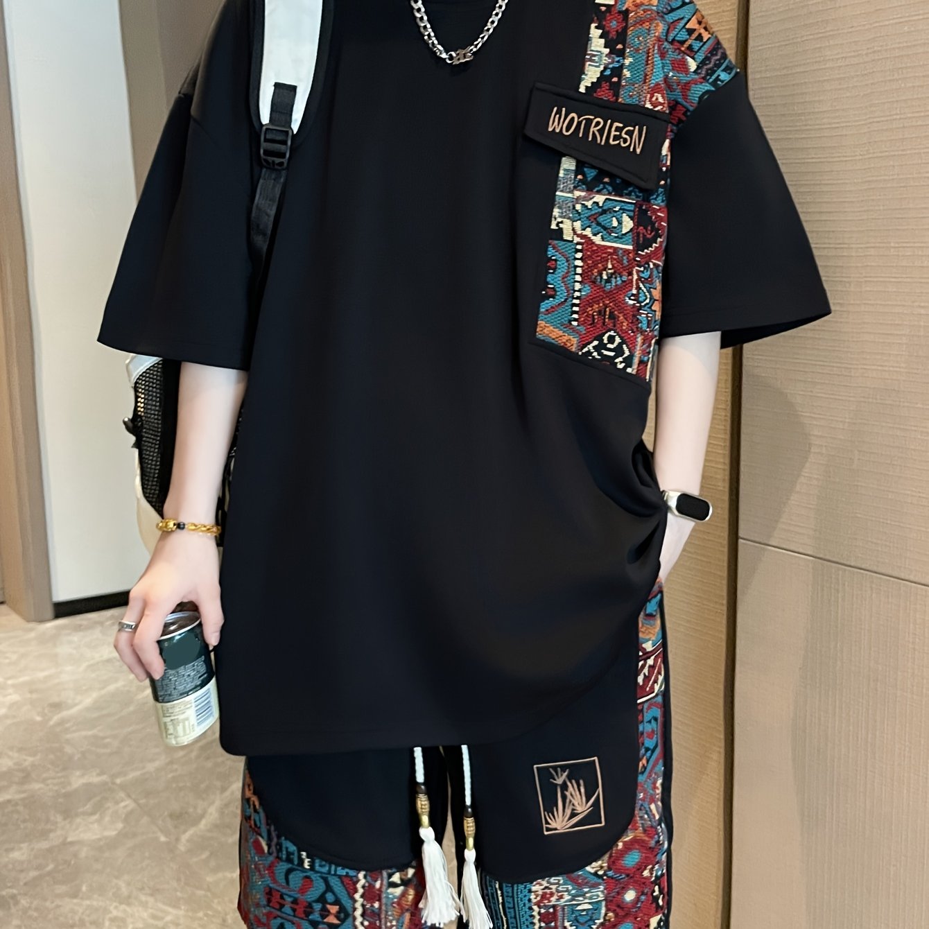 2pcs Men's Summer Casual Outdoor Set, Fashion Ethnic Style Round Neck Short Sleeve T-Shirt and Shorts Suit with Embroidery Design Loose Fit, Short Sleeve + Drawstring Shorts Combo, Suitable for Summer Outdoor Activities