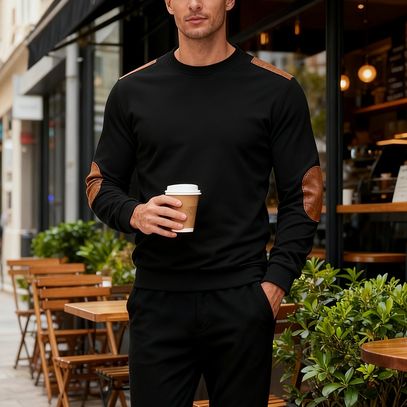 Men'S Classic Fashion Crew Neck Long-Sleeved Top | Light and Comfortable Fabric with Contrast Beige Patches for Enhanced Durability, Regular Fit, Ideal for Daily Leisure, Street Fashion, Outdoor Activities, and Light Fitness
