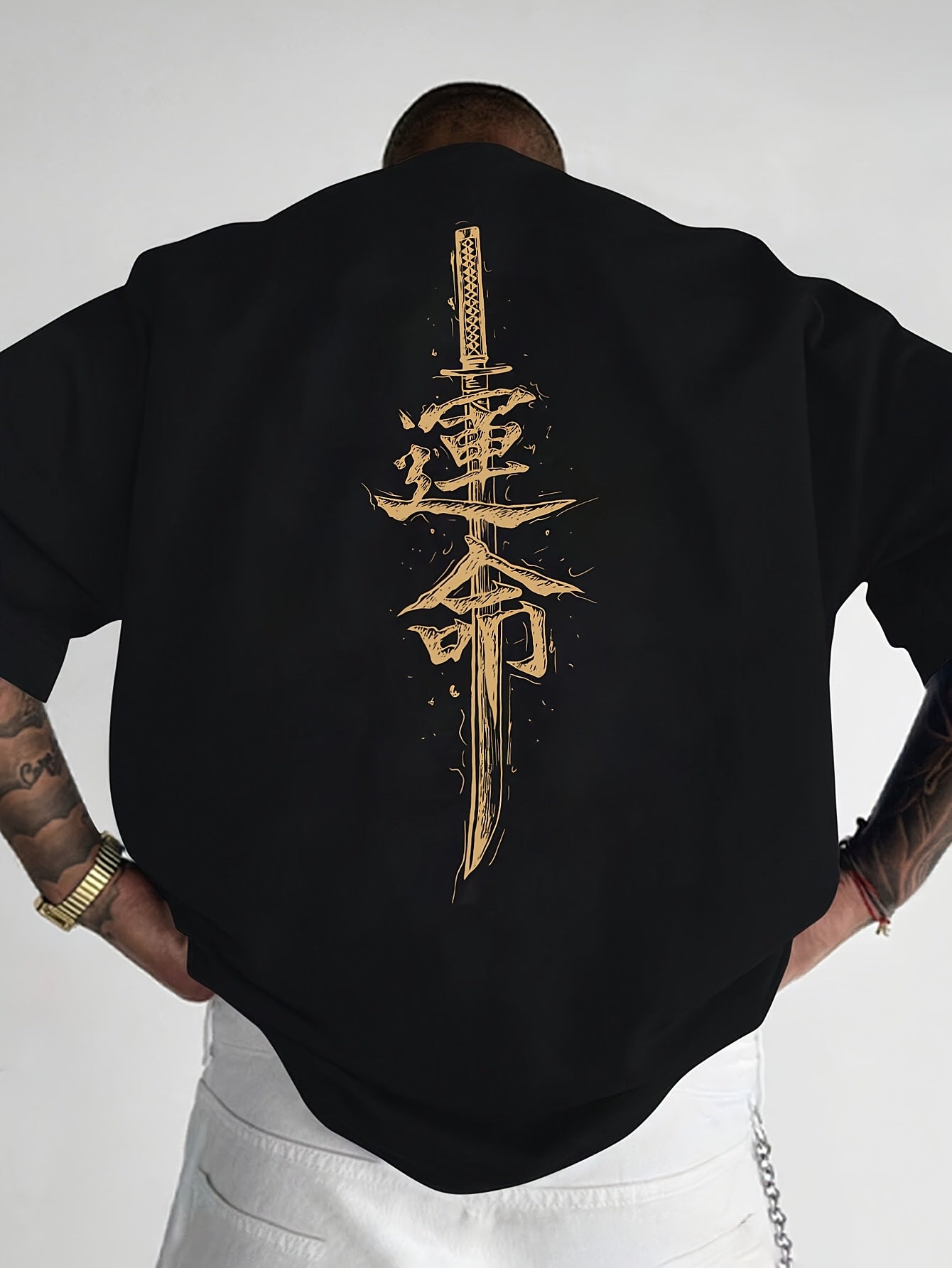 Men'S Japanese Samurai Sword Graphic T-Shirt - Casual Loose Fit Crew Neck, Short Sleeve Tee with Red Stylized Japanese Katanas Design, Breathable Polyester for Spring Summer Outdoor Wear