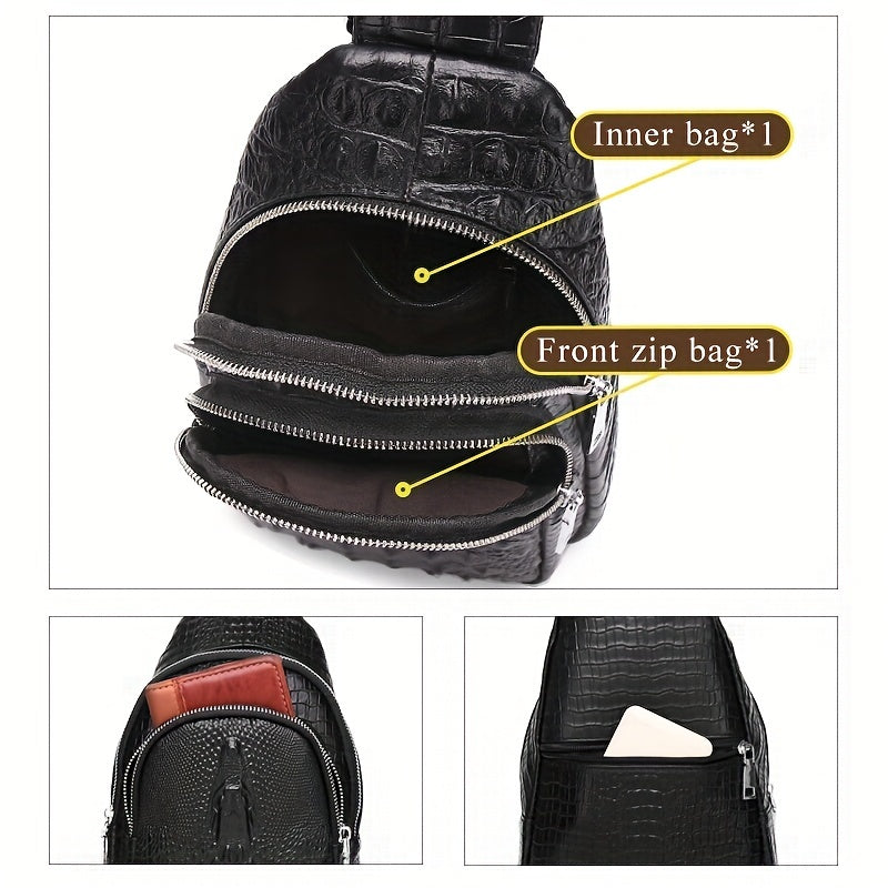 SCHLATUM Genuine Leather Crocodile Pattern Sling Bag - Black, Large-Capacity Multifunctional Crossbody Backpack for Travel, Sports Camping, Stylish Zipper Closure Design