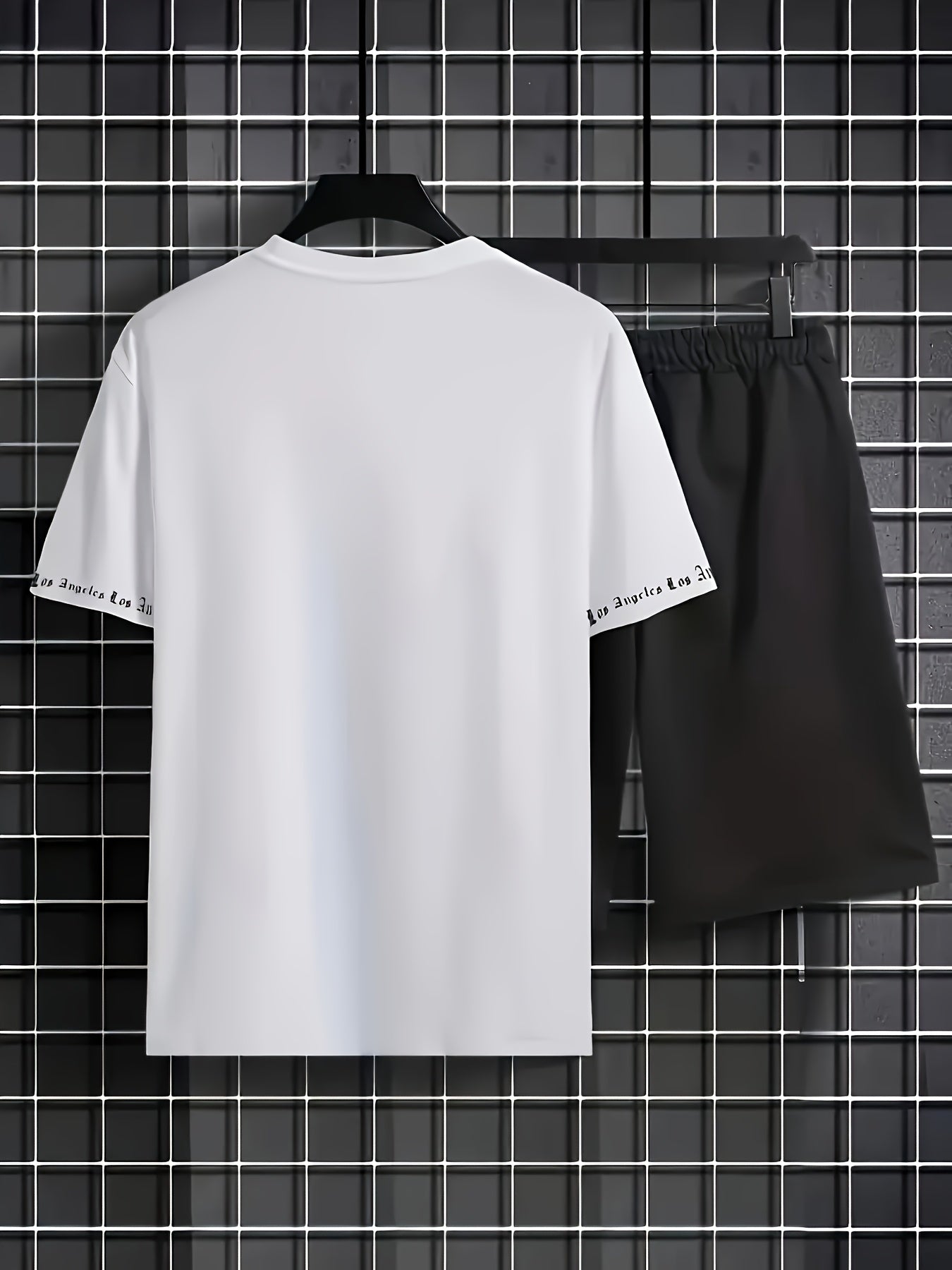Los Angeles English Pattern Men's Short Sleeve Shirt + Casual Sport Set, Breathable Soft Summer Outfit with Pocketed Shirt and Drawstring Shorts