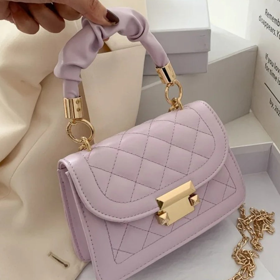 Quilted Small Crossbody Bag Compact Capacity Ruched Handle Golden Hardware Mini Handbag for Women (Black/White/Lavender)
