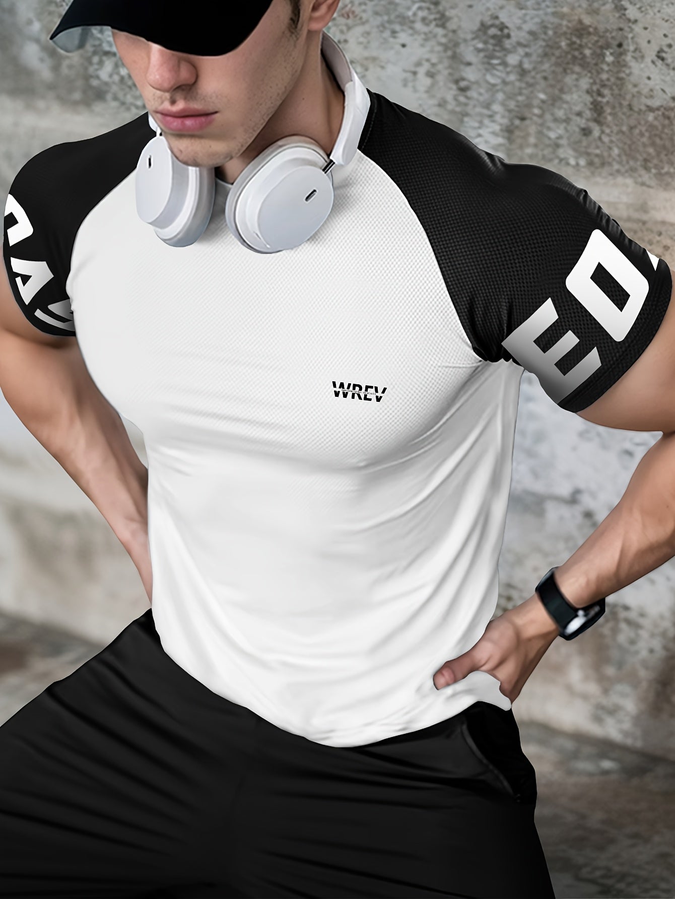 Men's Quick-Dry Breathable Mesh Sports T-Shirt - Summer Gym Workout Top with Contrast Black White Sleeves for Man Letter Print, Slim Fit for Running Training Casual Wear, Breathable Running Gear Sporty Casual Tee Mesh