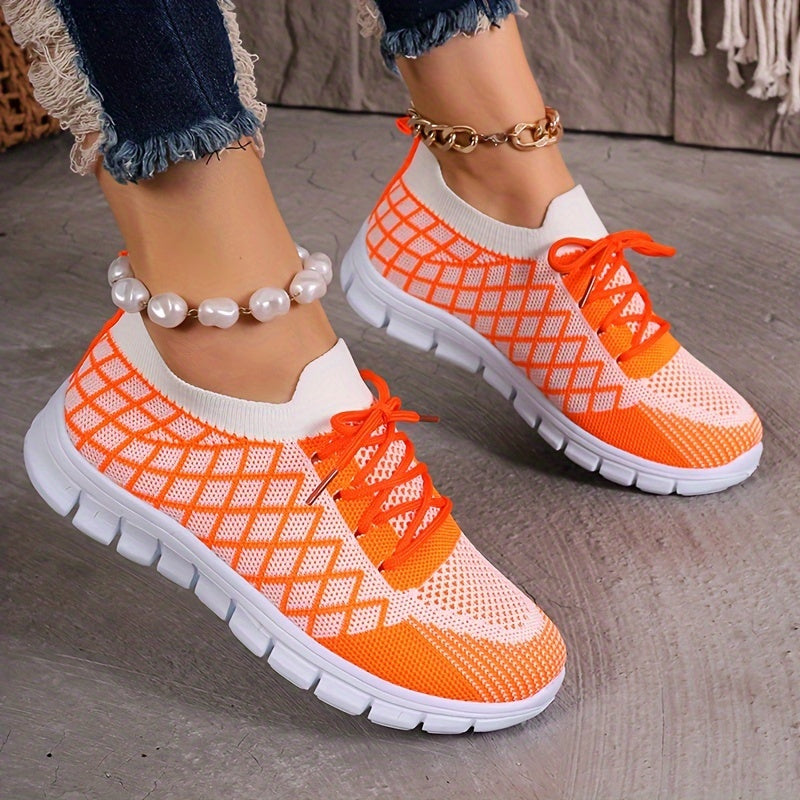 Women's Breathable Knit Sneakers - Lightweight, Lace-Up Casual Shoes with EVA Sole, Available in Brown, Purple, Orange, and Yellow Gradient - Stylish All-Season Footwear, Ladies Sneakers
