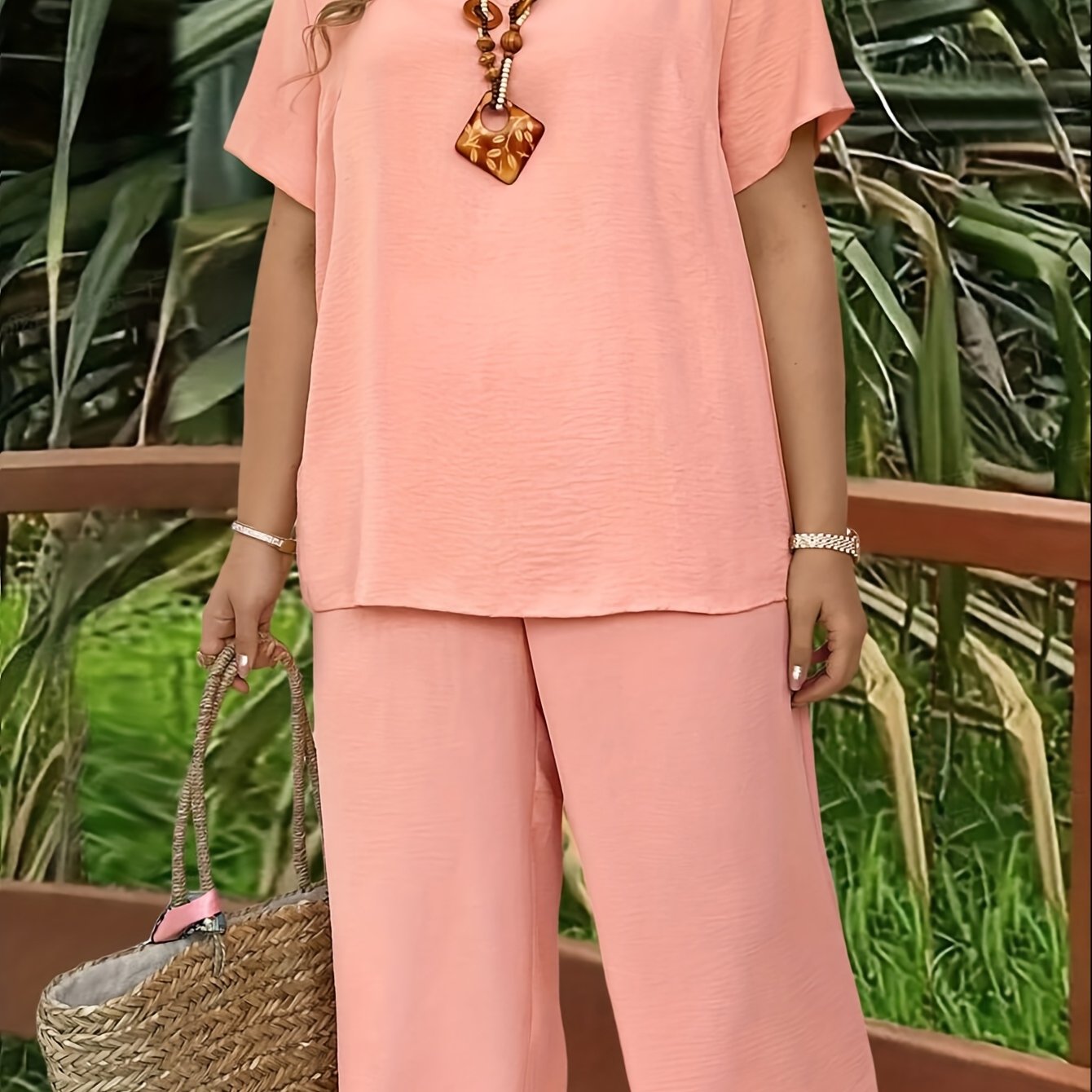 Women's Plus Size Suit, Elegant Solid Color Short Sleeve Top and Wide Leg Pants