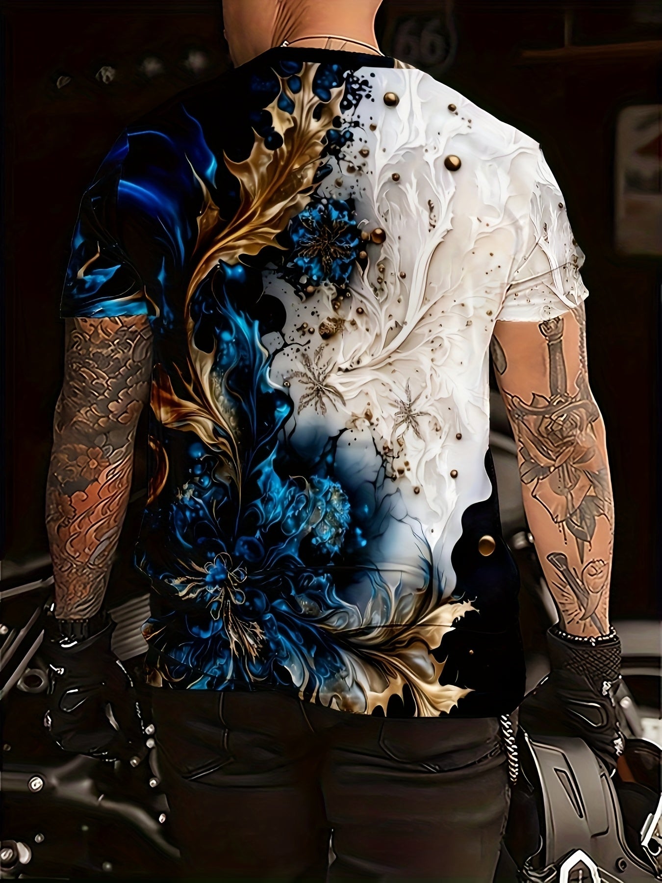 Men's Casual Short Sleeve T-Shirt with Dual-Sided Digital Print - White Blue/Golden Floral Design, Breathable Round Neck Tee, Machine Washable Regular Fit for Casual Attire, Streetwear Style, Bold Pattern, Lightweight Tee,