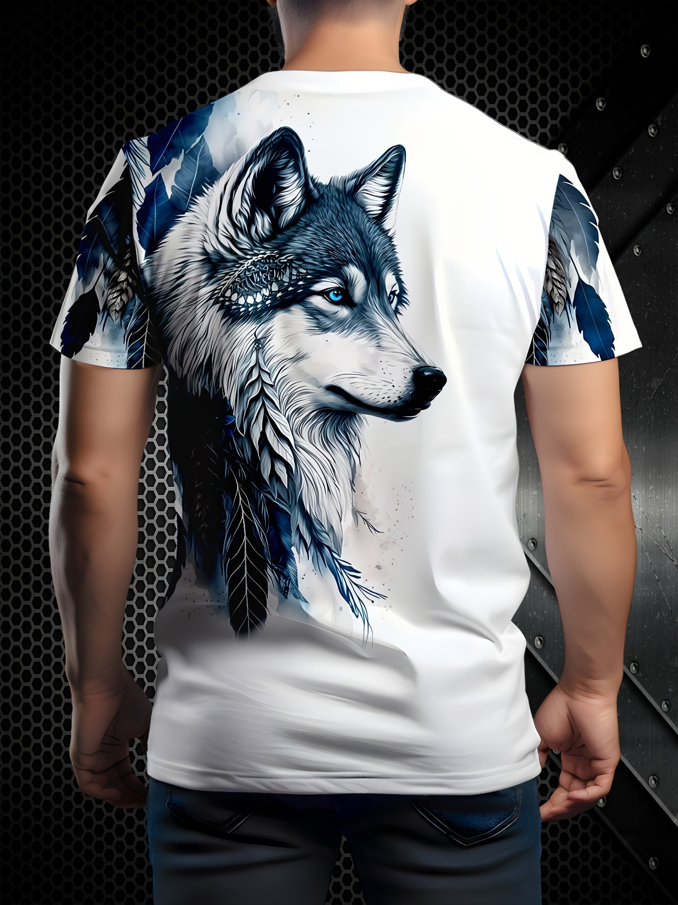 Men's Casual Breathable T-Shirt - White Round Neck Regular Fit, Machine Washable Durable Digital Print for Outdoor Casual Attire, Naturethemed Apparel, Wolf Graphic Tee, Comfortable Fabric
