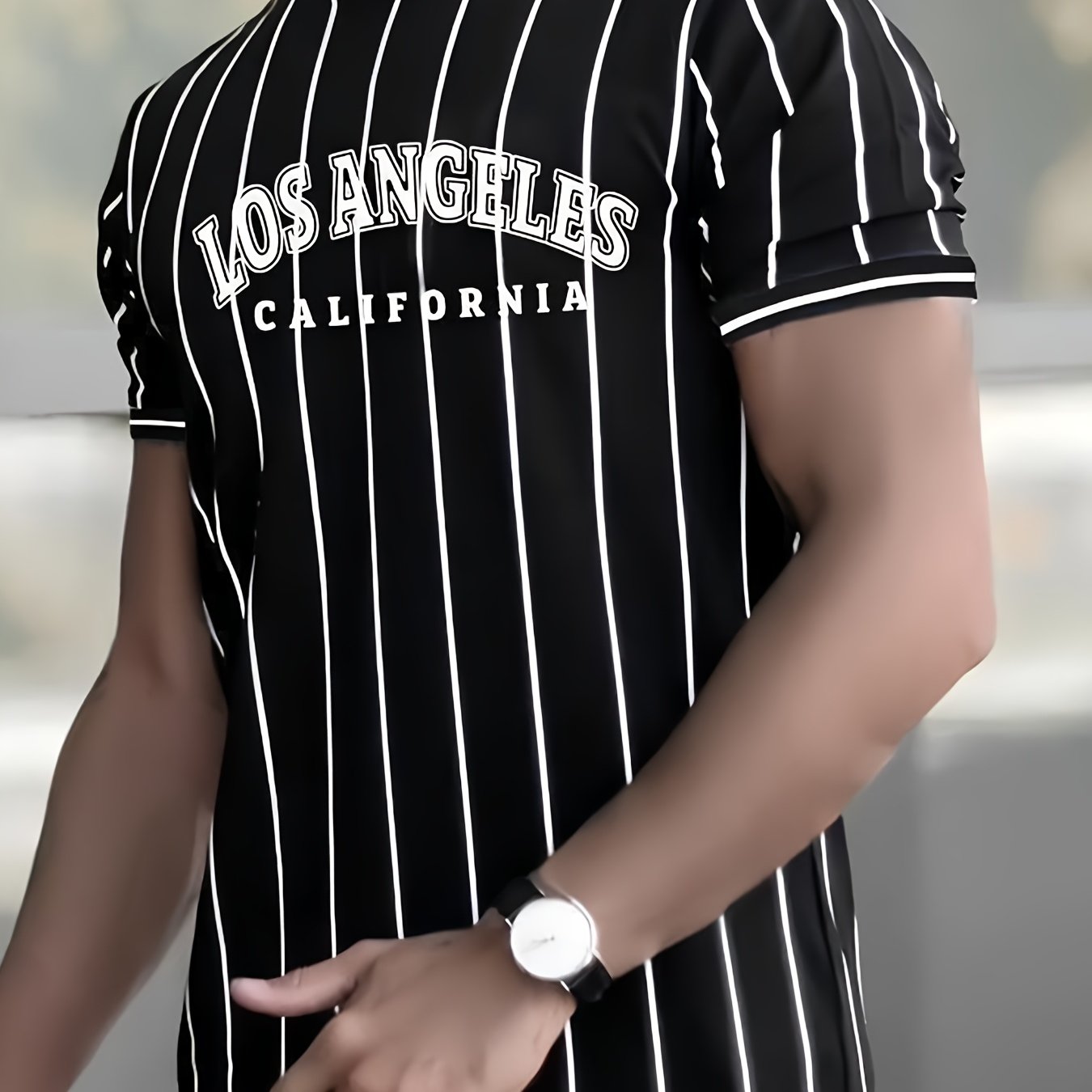 Men's Los Angeles California Graphic T-Shirt - Black White Striped Casual Streetwear Tee, Breathable Summer Crew Neck Short Sleeve Top, Regular Fit, Everyday Streetwear Smooth Texture Fabric