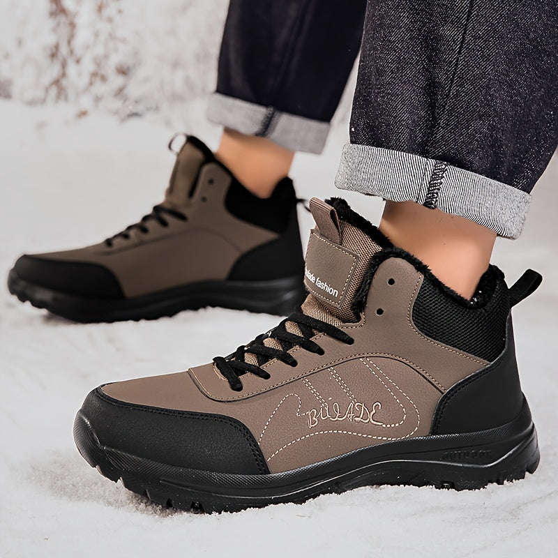 Men's Mid-Top Outdoor Sneakers | Plush Lining for Warmth | Durable MD Sole | All-Season Comfort | Stylish Black | Casual Walking Shoes with Hook & Loop Fastener | Ideal for Travel and Everyday Use