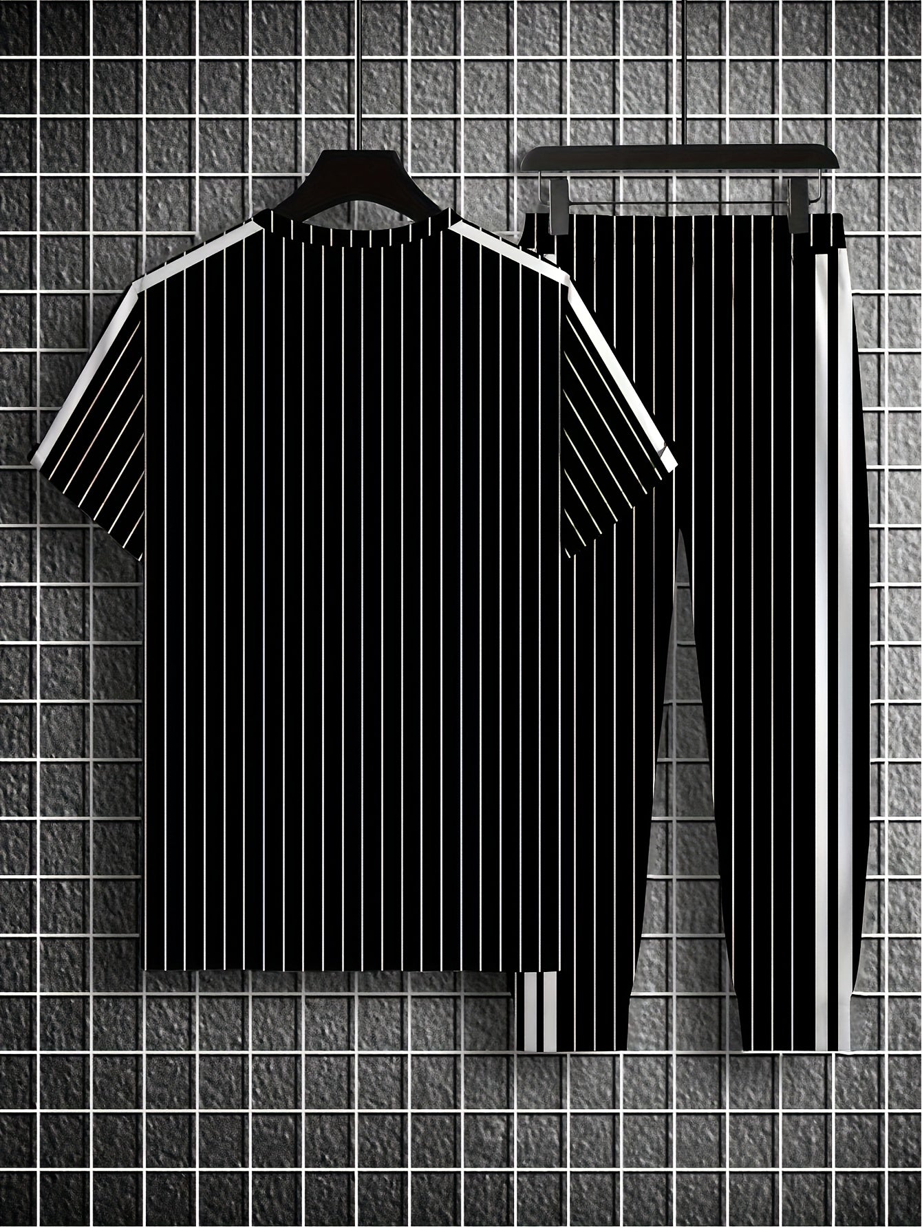 Summer Men's Striped Vertical Stripe 3D Print Casual Sports Short Sleeve Suit Fitness Sportswear Shorts T-shirt Men's Set Outdoor Sports Drawstring Pocket Hoodie Two-piece Set