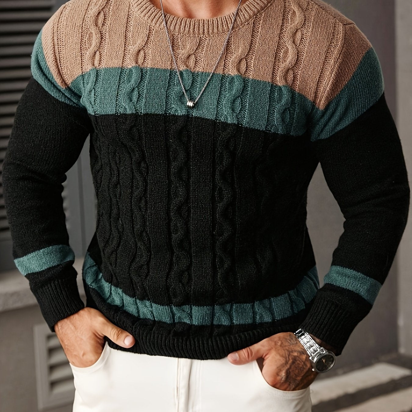 Men's Color-blocked Tweed Knitted Sweater, Round-neck Long-sleeved Knitted Color-blocked Light Gray for Business and Casual Outings