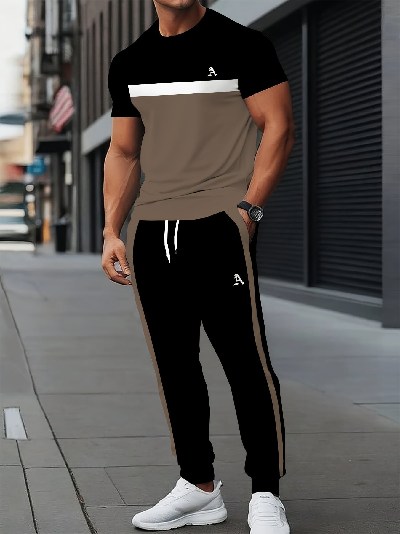 Men'S Polyester Sportswear | Elegant Casual Crew Neck | Slightly Stretchy Knit with Striped 3D Print | Regular Fit Two-Piece Set | Patterned Short Sleeve T-Shirt and Long Pants