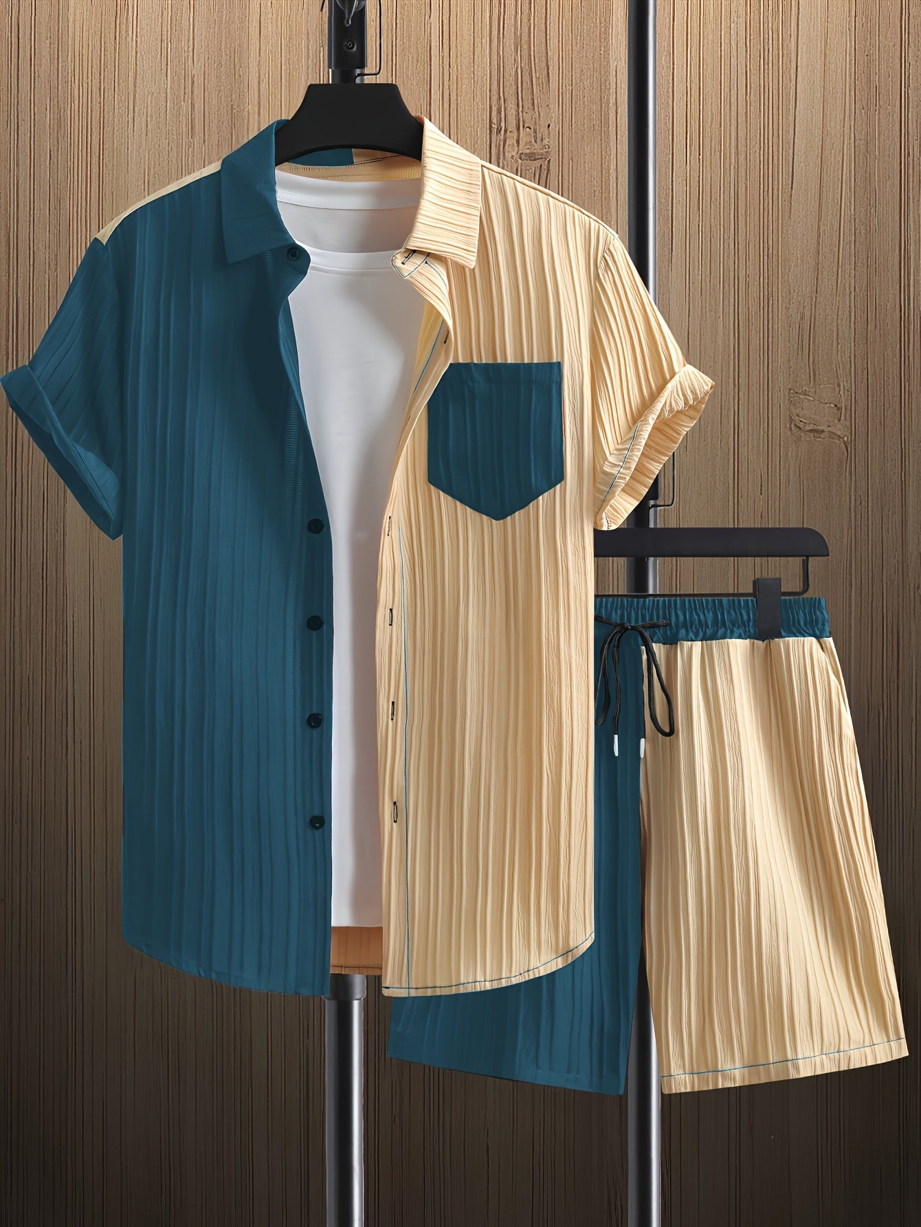 Men'S Casual Summer Polyester Shirt and Shorts Set, Regular Fit, Color Block, Lapel Collar, Slight Stretch Fabric, Lash Sets, Active Wear