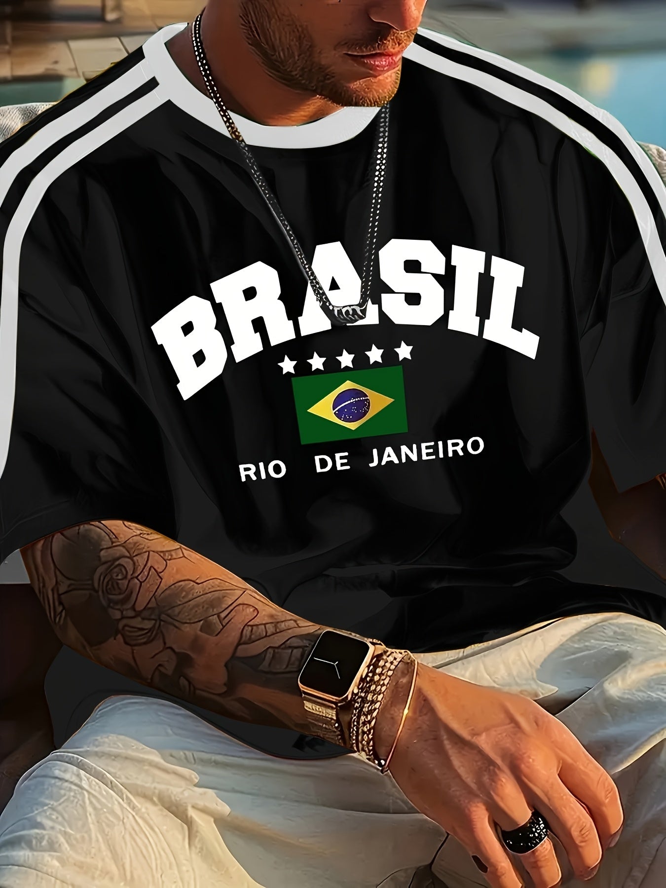 Men'S Casual Short-Sleeve T-Shirt with 3D Digital Printing, Round Neck, Brazilian Style, Made of Slightly Stretchy Polyester Knit Fabric, Suitable for Summer Outdoor Activities And Everyday Wear.
