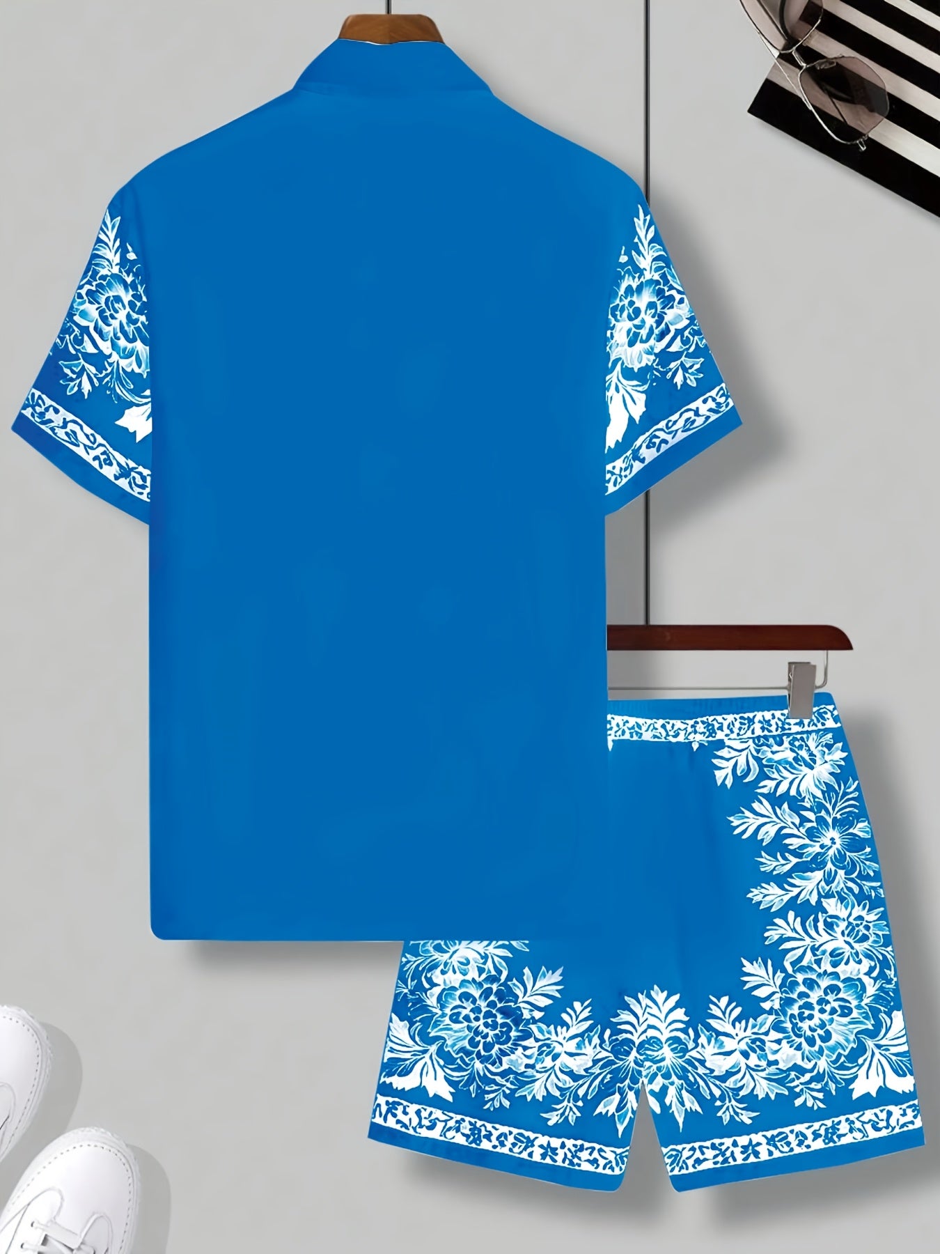 Men'S Two Sets of Floral Print Casual Button-Up + Drawstring Sports Shorts Two-Piece Hawaiian Beach Sports Styl