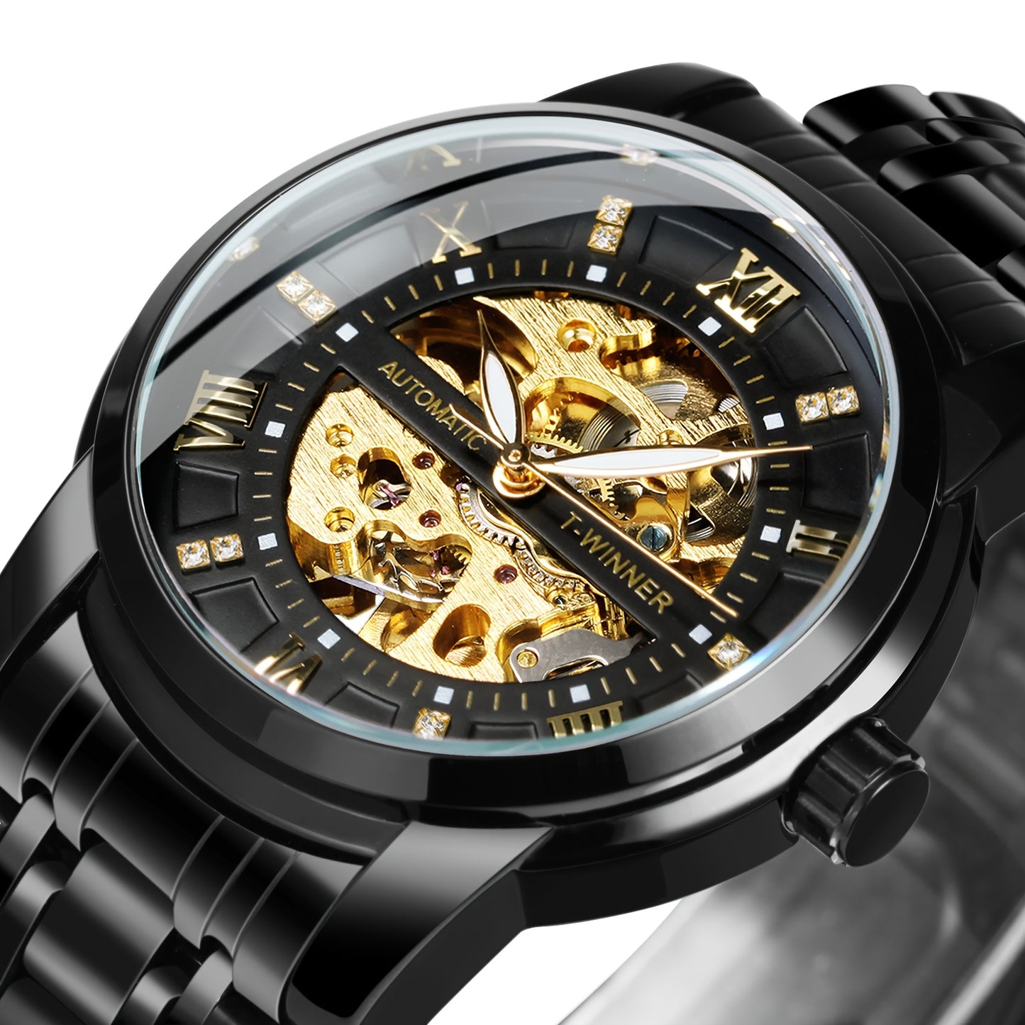 1pc Fashion Luxury Golden Skeleton Automatic Mechanical Watch for Men Luminous Hands Top Brand Stainless Steel Strap Business Casual Mens Watches Festival Birthday Gifts, TWINNER