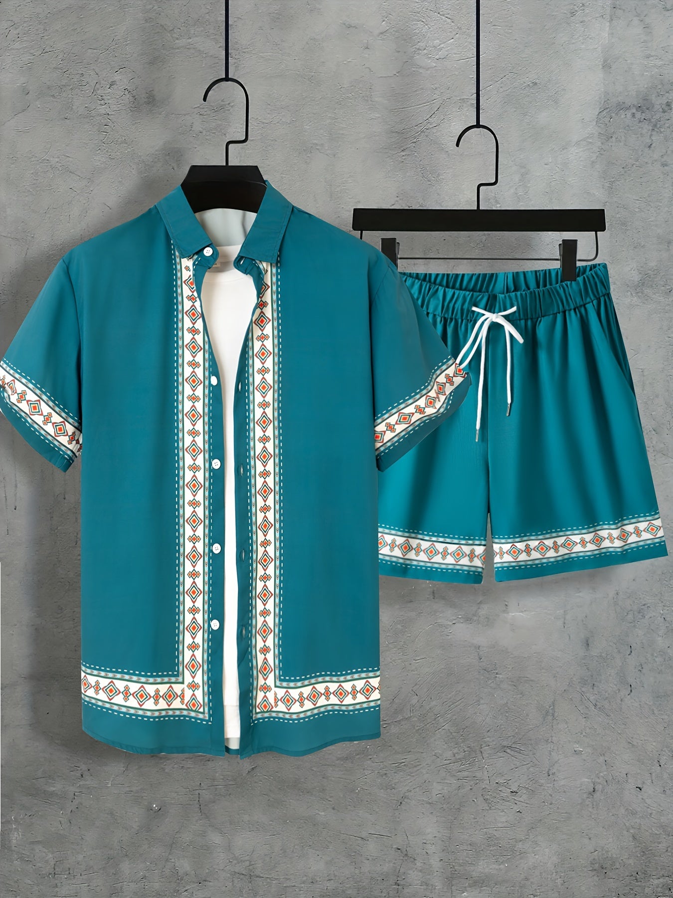 Men'S Two-Piece Set Consisting of a Casual Short-Sleeve Button-Up Shirt And Drawstring Pants, Perfect for Summer Wear.
