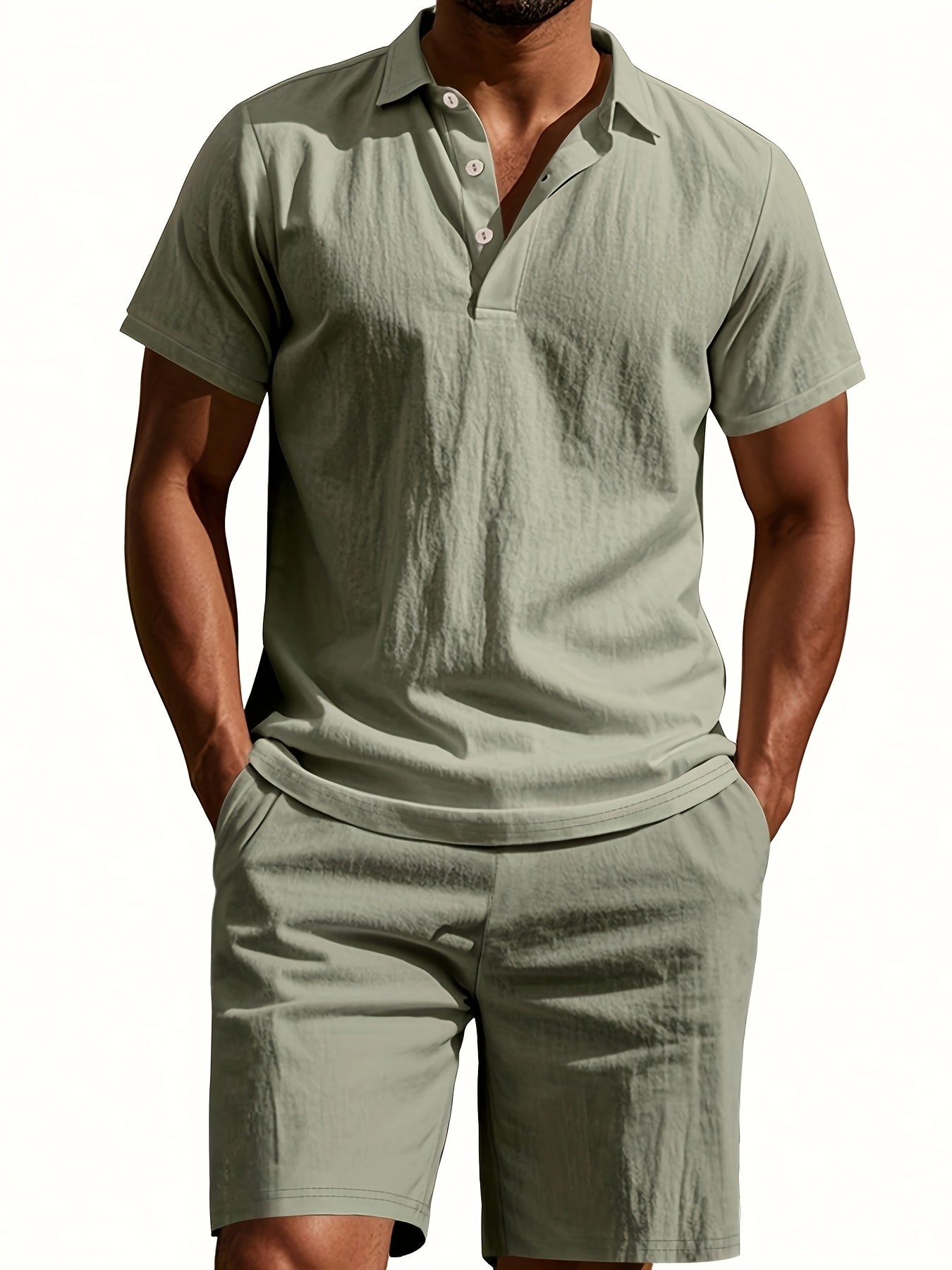 Essential for a Cool Summer! Men's Linen Shirt & Shorts Set, Comfortable Casual Outing Choice - Simple Beach Vacation Style Solid Color Linen
