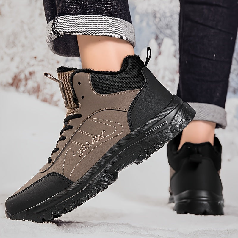 Men's Mid-Top Outdoor Sneakers | Plush Lining for Warmth | Durable MD Sole | All-Season Comfort | Stylish Black | Casual Walking Shoes with Hook & Loop Fastener | Ideal for Travel and Everyday Use