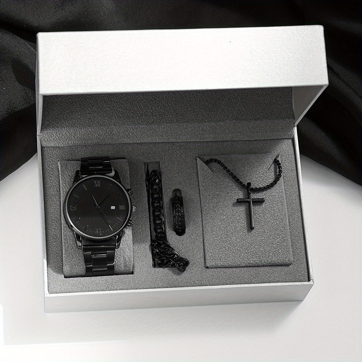 8pcs/set Men'S Black Minimalist Quartz Watch Set with Bracelet, Necklace, And Ring – Elegant Timepiece Gift Box for Casual And Formal Use, Box not included