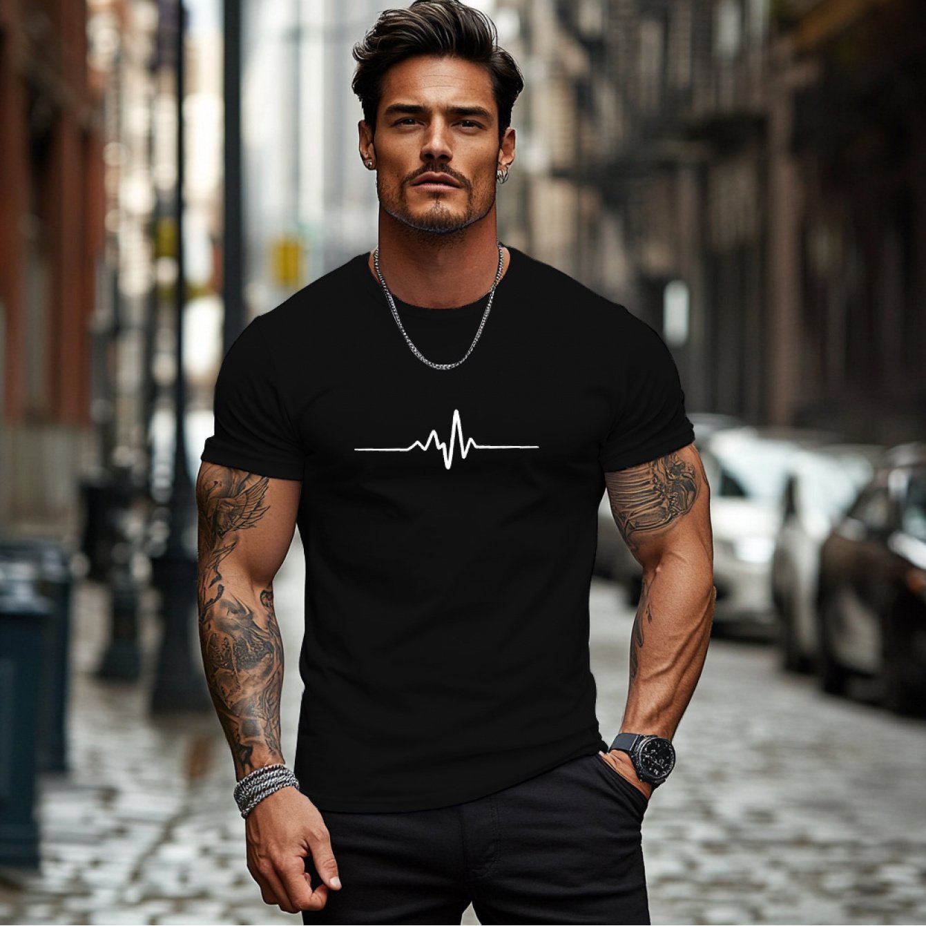 Men'S Brown T-Shirt with ECG Heartbeat Graphic - Casual Streetwear, Short Sleeve, Round Neck, Stretch Fabric, All-Season Comfort, Casual Streetwear Tee Round Neck Tshirt Comfortable Fit