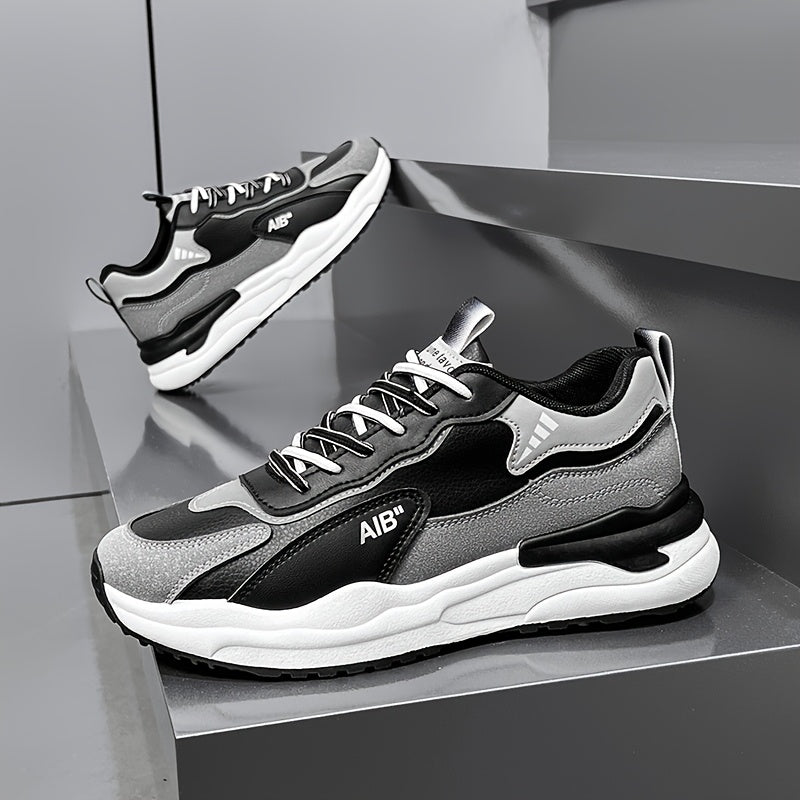 Men'S Fashion Sneakers, Casual Sports Shoes, All-Season Lace-Up Low Top, PU Upper, Fabric Lining, Rubber Sole, EVA Insole, Round Toe, with Trendy Thick Sole for Hiking, Outdoor, Daily Wear