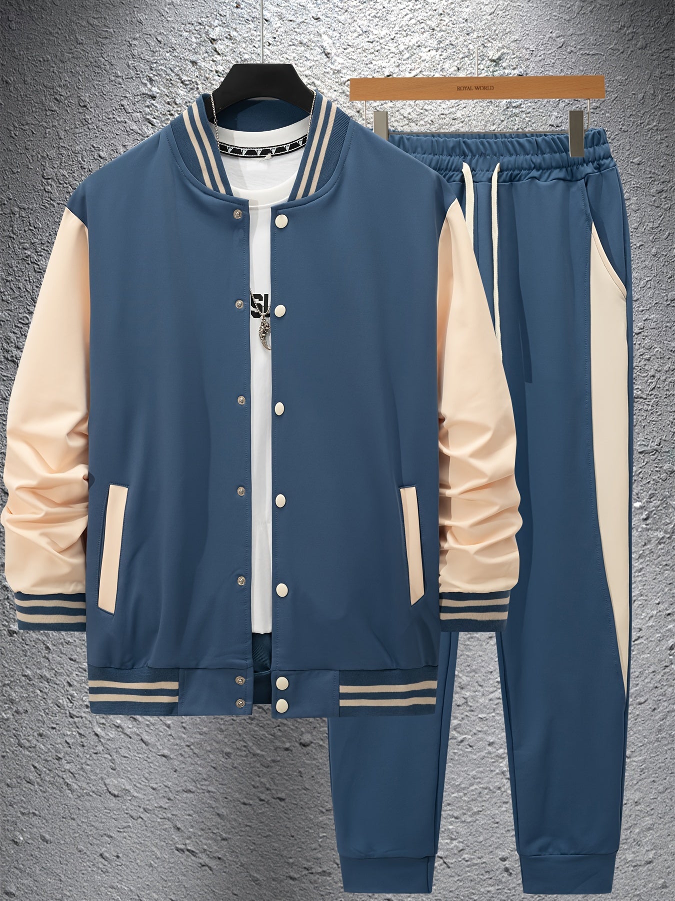 Men's Casual Baseball Jacket & Pants Set - Color Block, Polyester, Button-Up with Belt Detail for Spring/Fall
