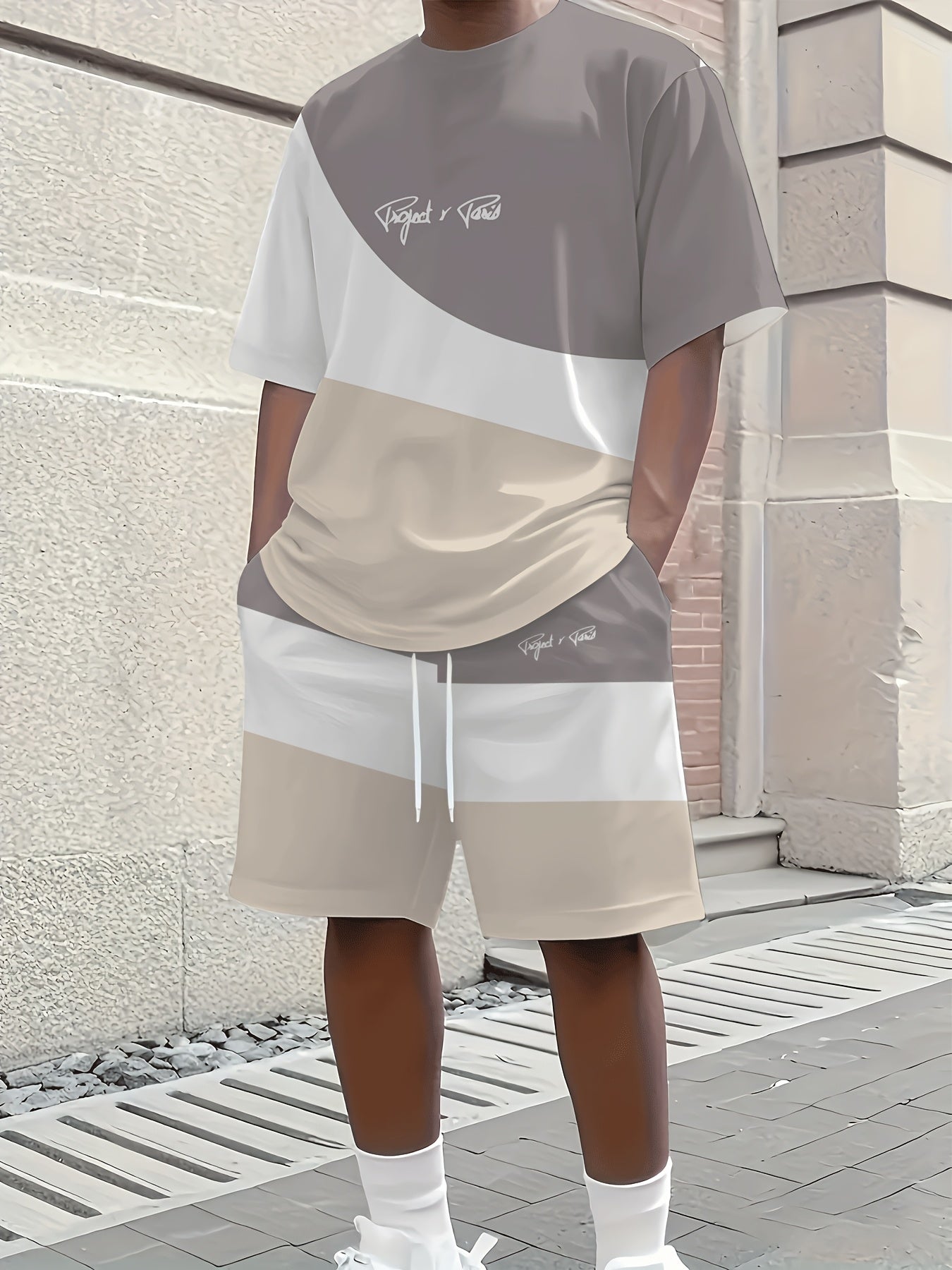 1 Set of 2pcs 3D Letter Print Fashion Tri-Color Men's Summer Fresh T-Shirt and Shorts Set, Slightly Stretchy Polyester Knit Fabric, Regular Fit, Suitable for Outdoor Activities and Family Gatherings