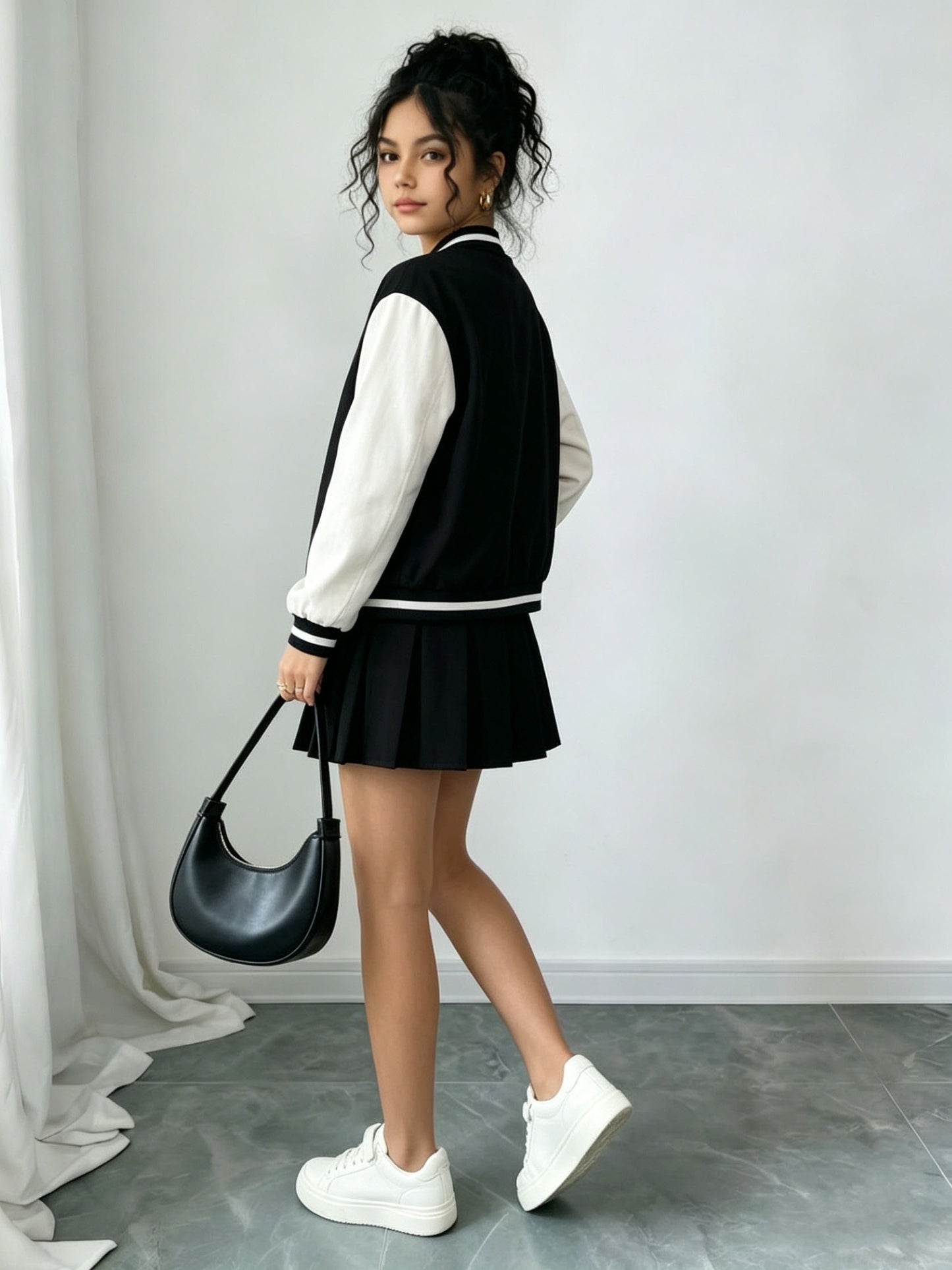 Girls Preppy 2-Piece Baseball Jacket & Pleated Skirt Set