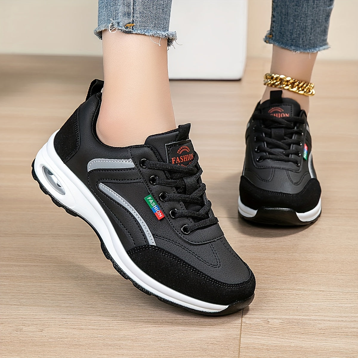 AOPLUS Women's Fashion Sneakers - Lightweight, Comfortable, and Breathable Low-Top Sneakers with Air Cushion Support, White Blue Design, PU Cover Upper, Fabric Lining, All-Season Wear