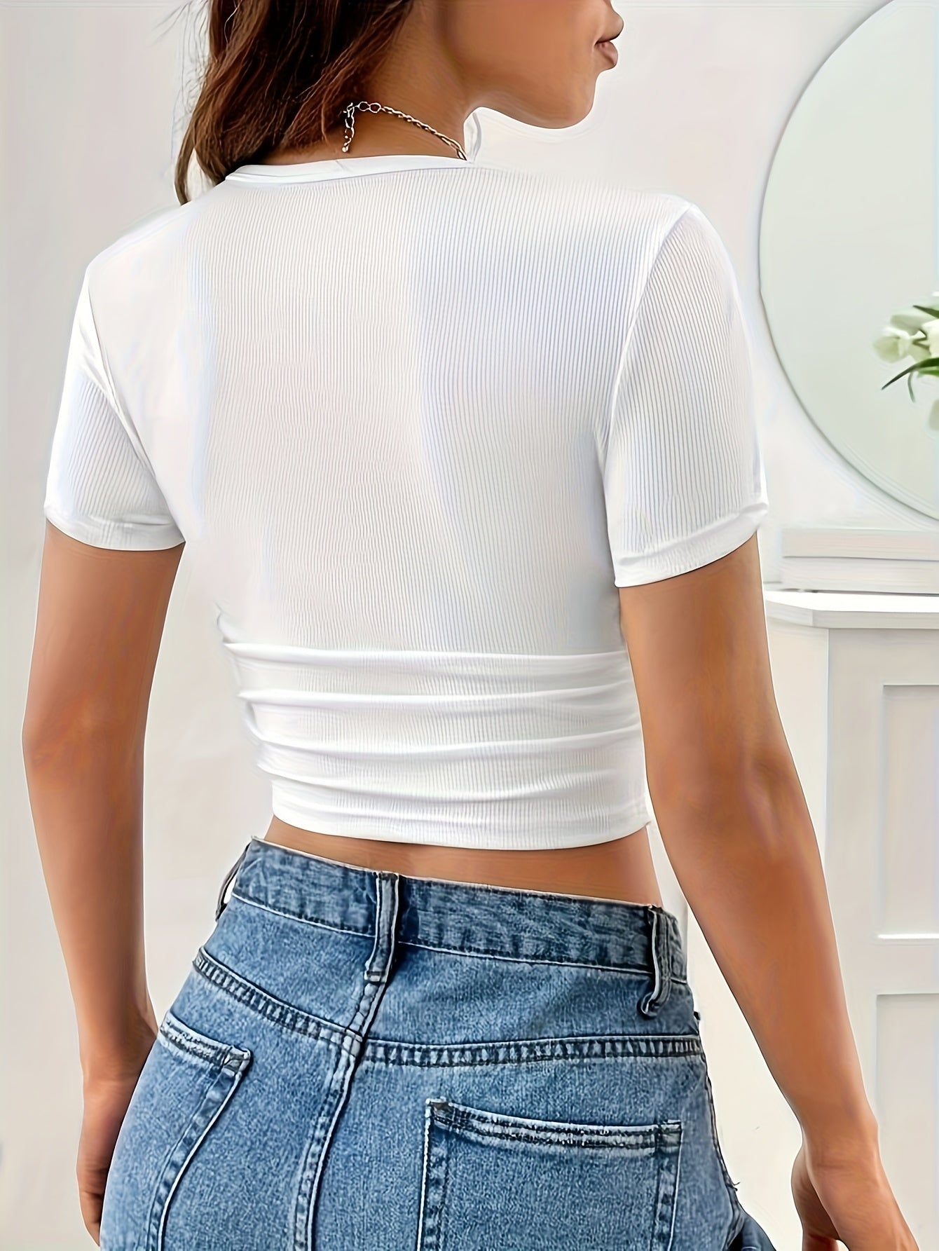 OKde Women'S Summer Crop Top T-Shirt - Elegant Crew Neck, High-Stretch Slim Fit, Solid Color, Short Sleeve Fashion Blouse for Casual or Stylish Outfit