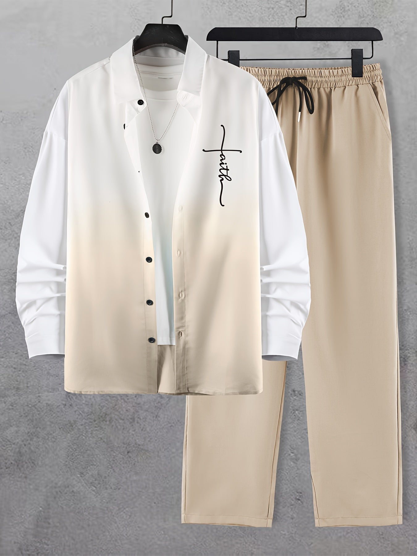 Men's Trendy Gradient Print Collar Long Sleeve Shirt and Pants Fashion Set