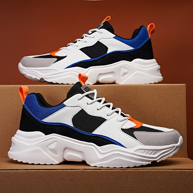 Men'S Athletic Sneakers, Thick Sole Lace-Up Dad Shoes, Multicolor Block Splicing Style Casual Footwear, Suitable for Outdoor Activities