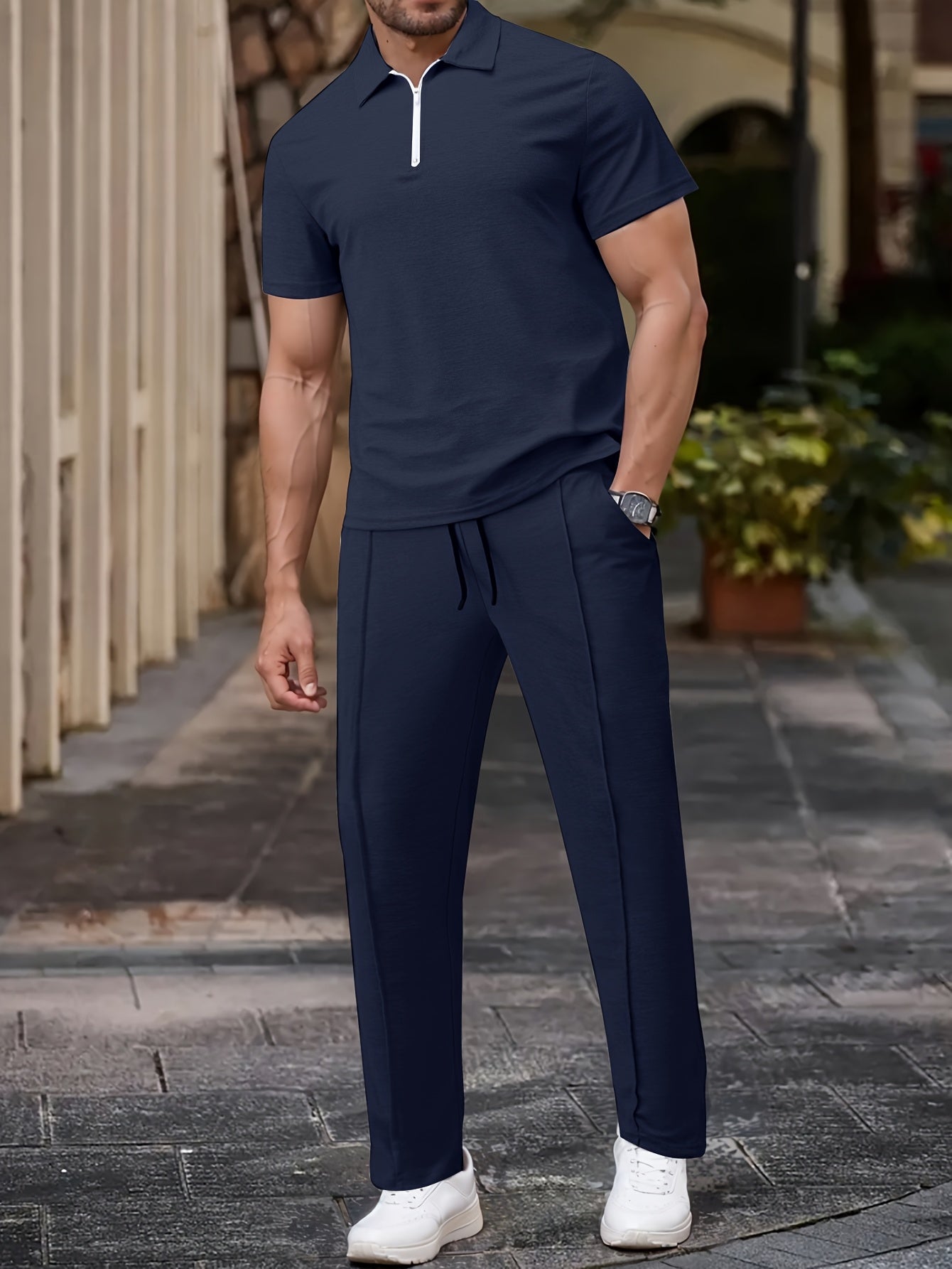 Men'S Summer Solid Color Trendy Casual Suit Collared Short Sleeve Long Pants Suit, Perfect for Outdoor