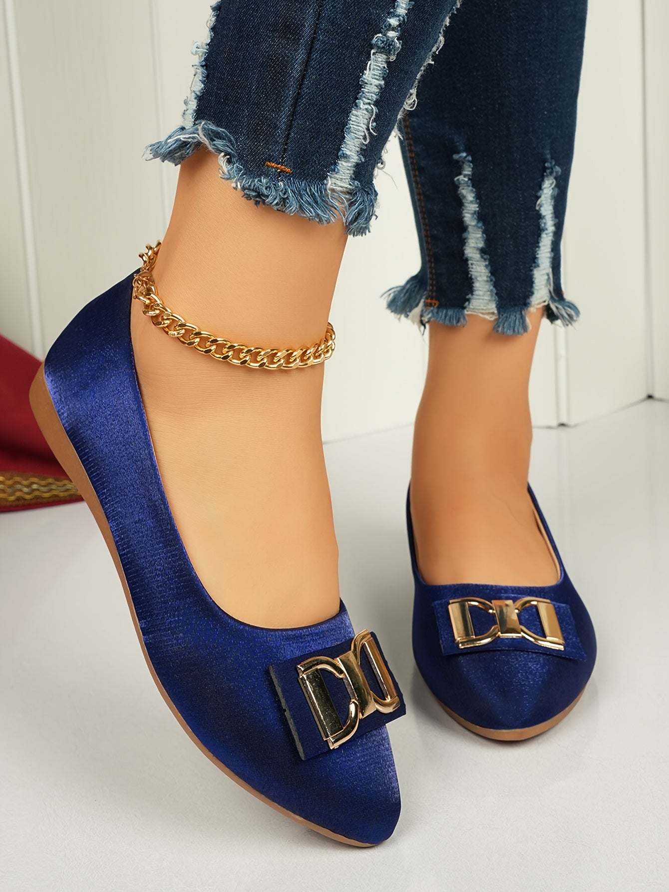 Women's Elegant Red Slip-On Flats with Golden Double Buckle Design - Comfortable Faux Cover Shoes for All Seasons, Pointed Toe Rubber Sole, Perfect for Casual or Dressy Occasions, Dressy Flats Buckle Embellished Shoes Lux