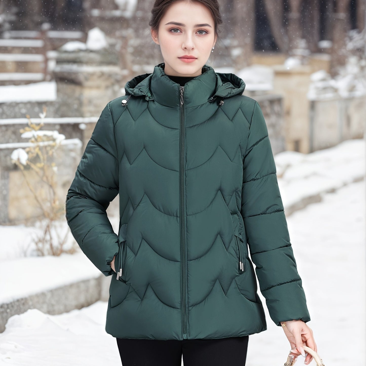 Women'S Elegant Black Winter Puffer Jacket - Long Sleeve, Zip-Up, Casual Style with Beaded Detail, Perfect for Snowy Days, Casual Winter Wear | Zippered Jacket | Functional Pockets