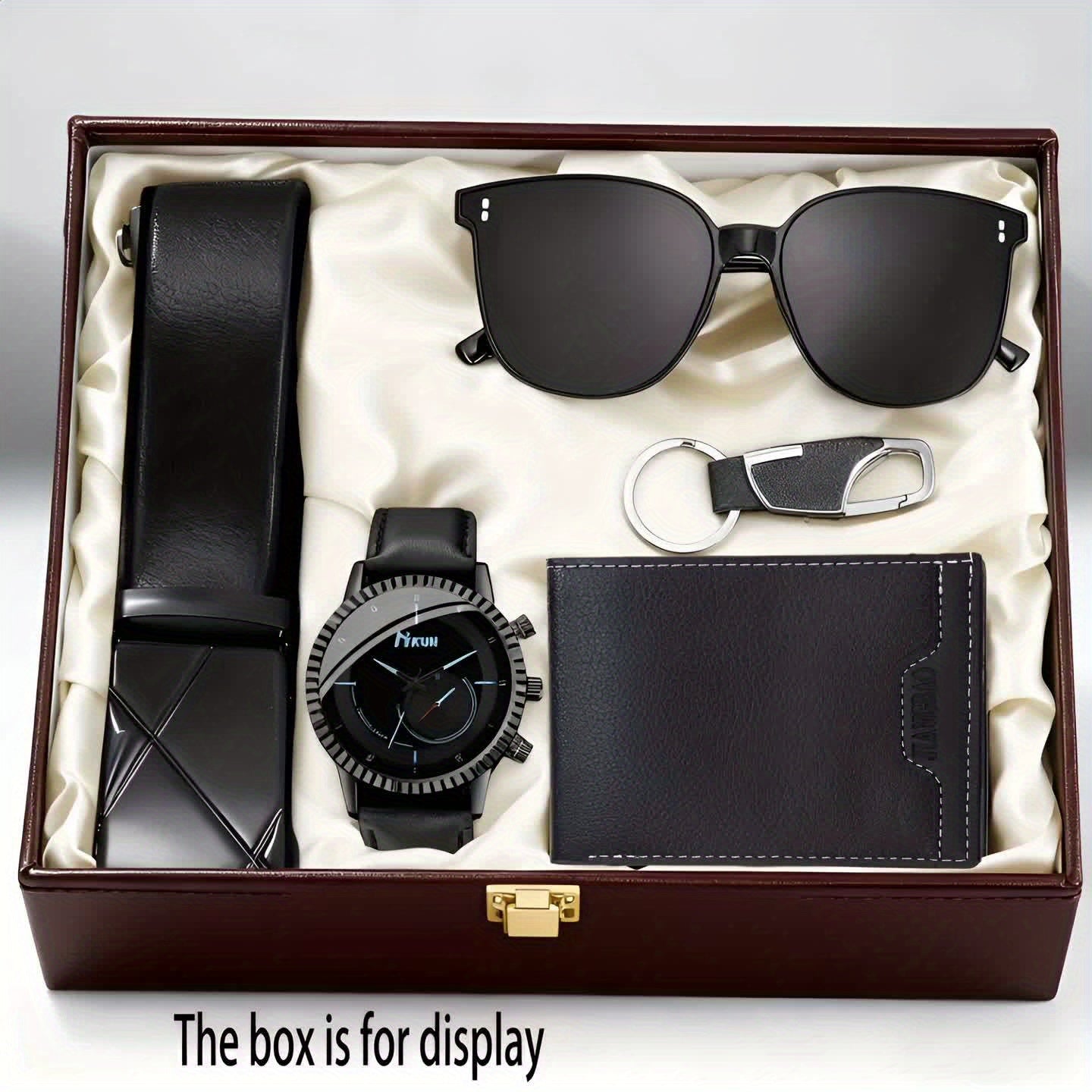 5pcs Men's Luxury Quartz Watch & Accessory Set - Analog Business Style Watch with Black Wallet, Belt, Glasses & Keychain | - Round Watch for Birthdays, Weddings, Prom | Complete Grooming Kit for Professional & Special
