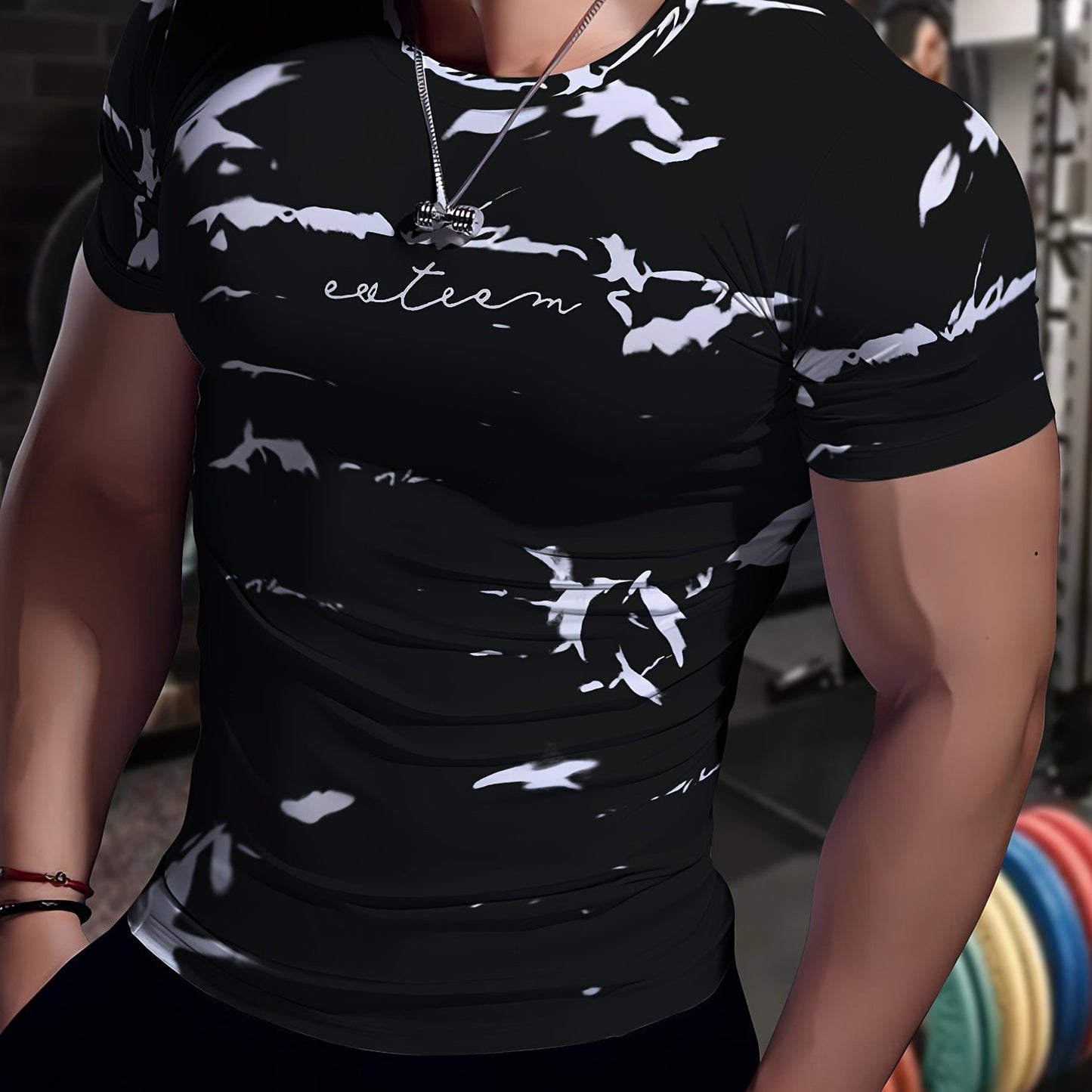 Men's High-Elasticity Anti-Tear Graffiti T-Shirt - Black White Geometric Print, Tight-Fit Athletic Top for Gym, Running, Yoga Casual Summer Wear, Gym Clothes, Highelastic Polyester, Short Sleeve Design