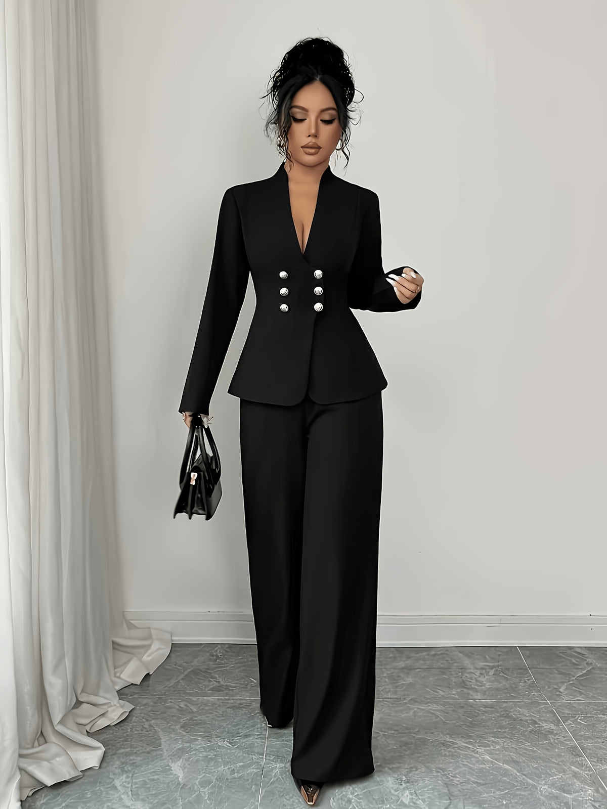 Women's Chic Solid Color Polyester Pants Set for All Seasons