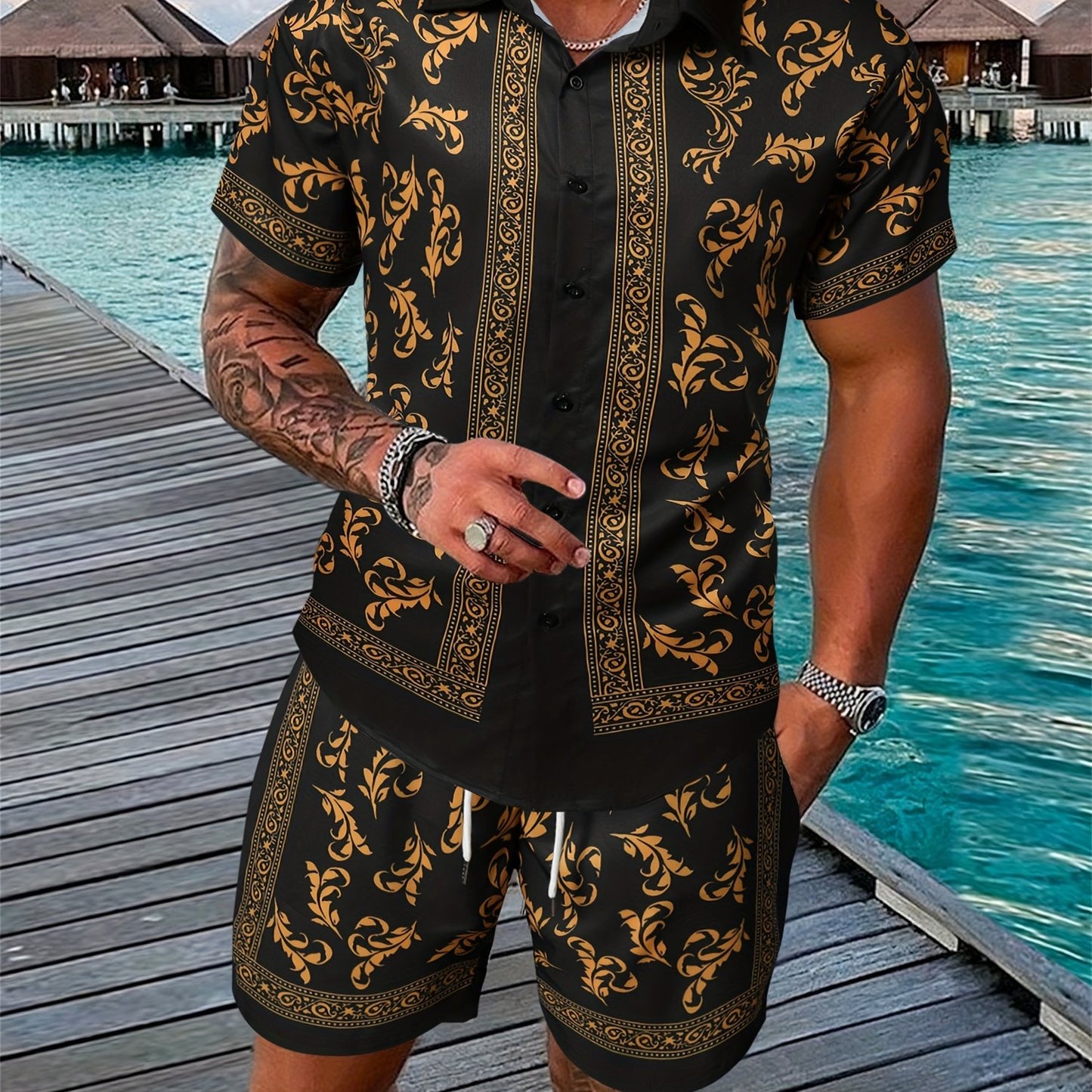 Men's Casual Summer Outfit Set, Short Sleeve Shirt And Pants, Floral Print, Polyester Blend, Machine Washable